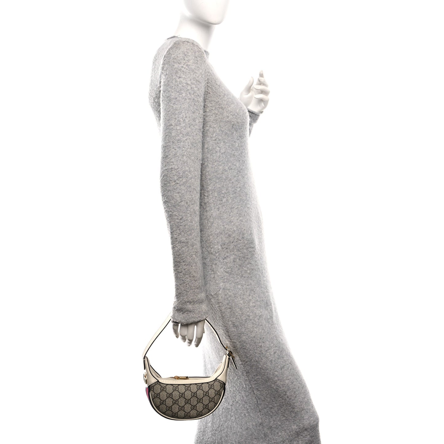 GG Supreme Monogram Textured Dollar Calfskin Web Mini Ophidia Half Moon Hobo Beige Ebony Mystic White