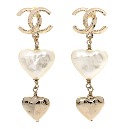 Chanel Pearl CC Double Heart Drop Earrings Gold 1 of 4