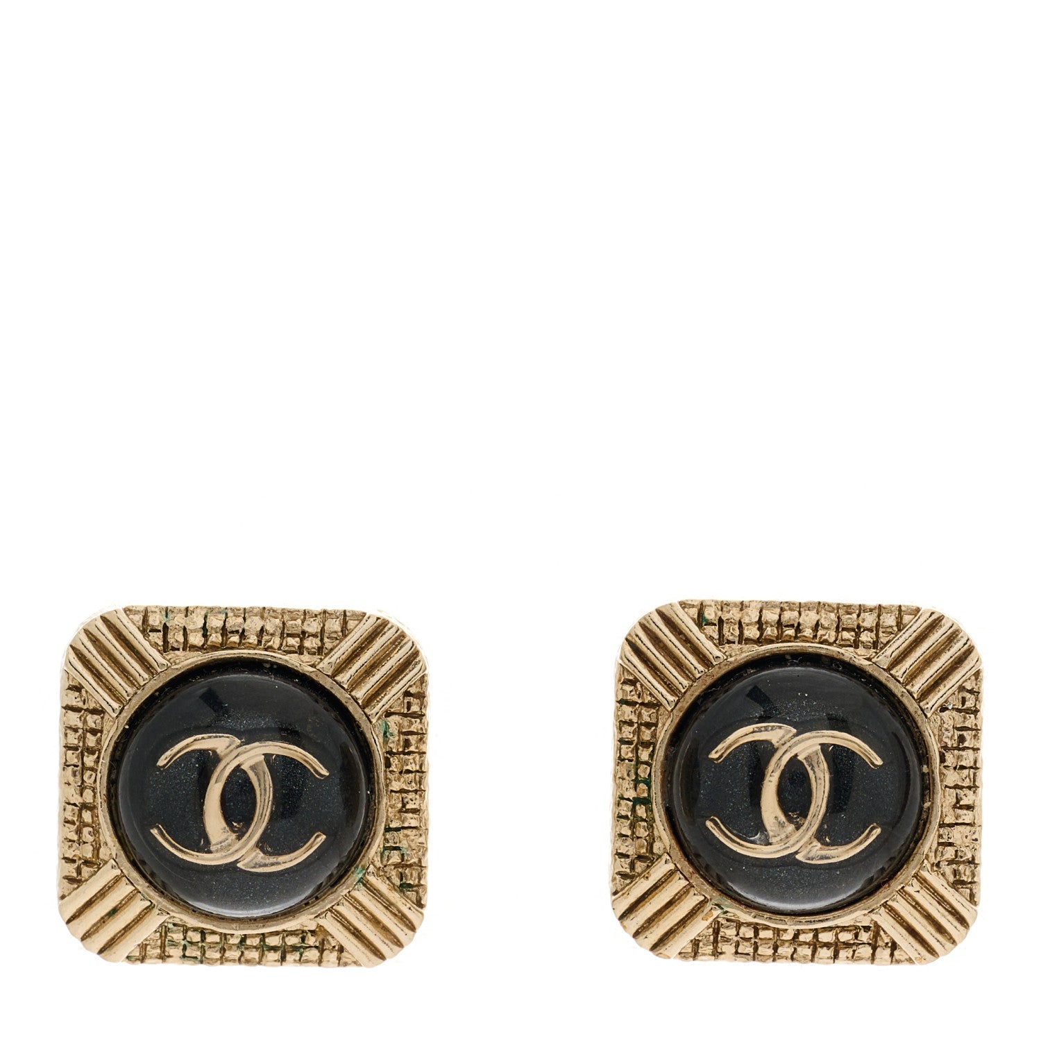 Chanel Metal Resin CC Square Earrings Gold Black 1 of 5