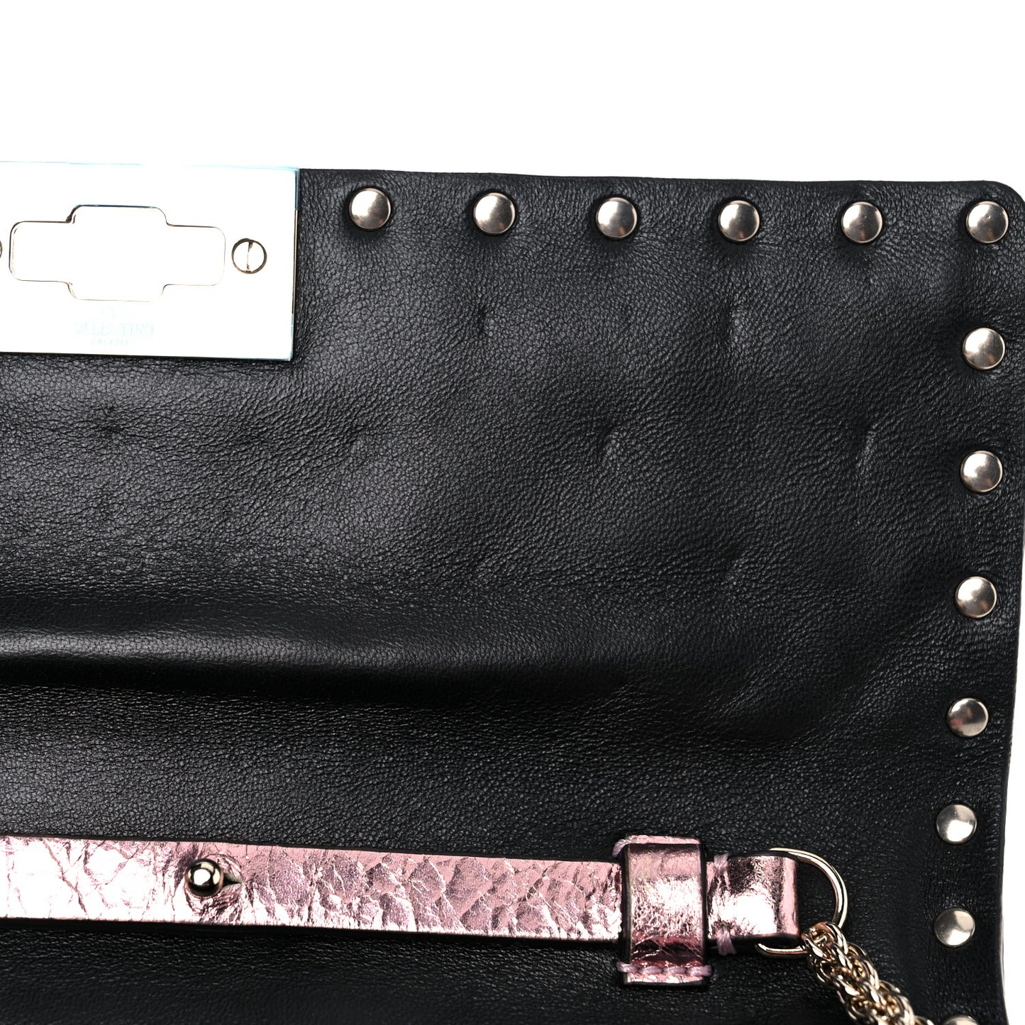 Metallic Wrinkled Lambskin Rockstud Spike Wallet on Chain Lipstick