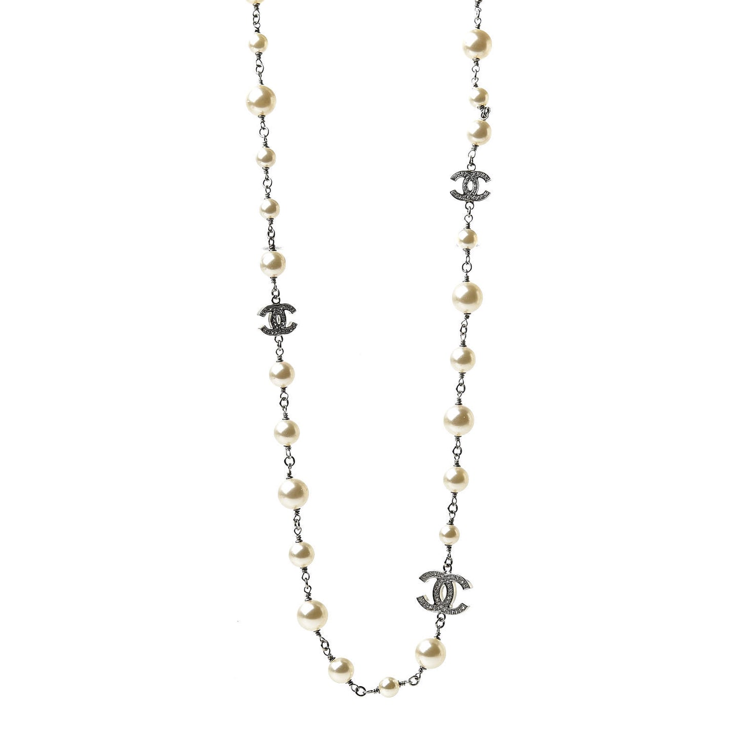 Crystal Pearl CC Long Necklace Silver