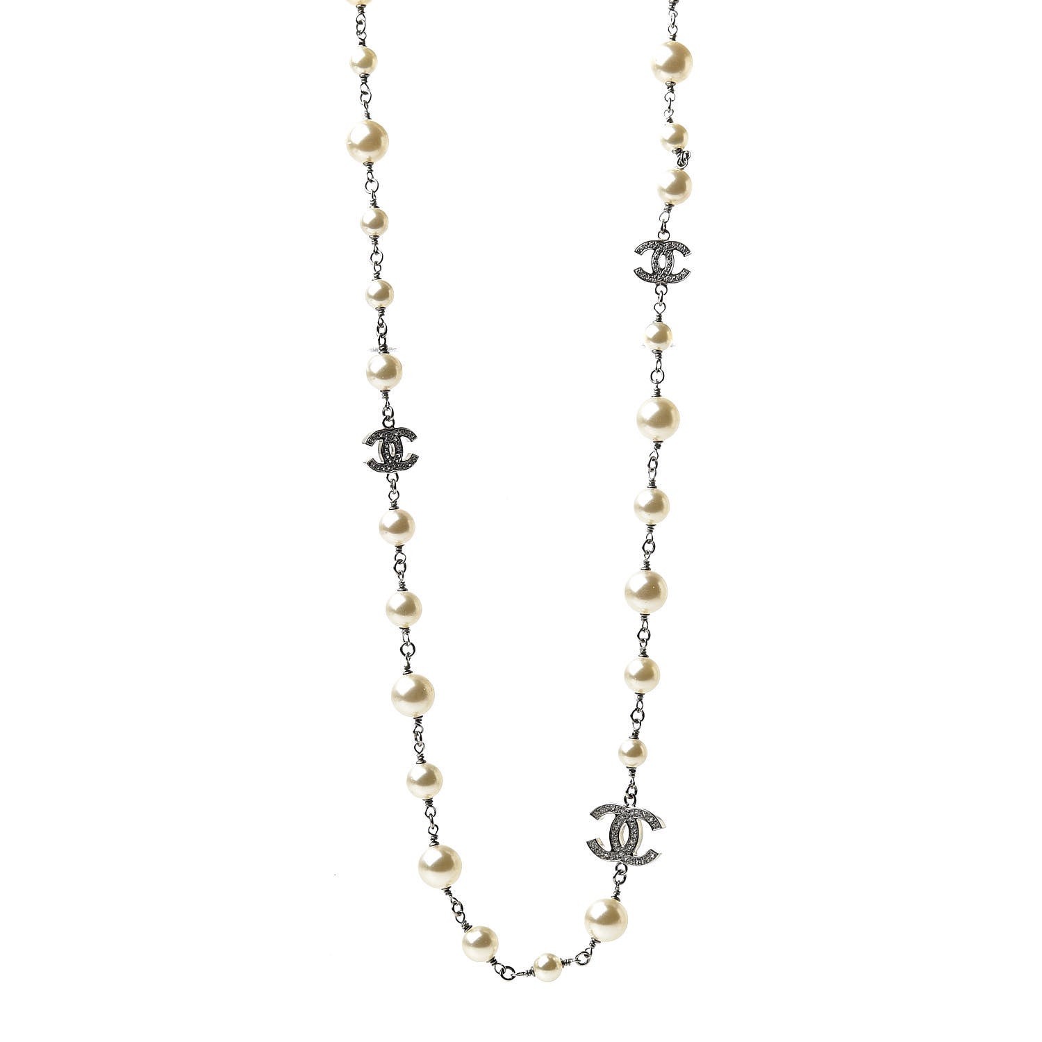 Chanel Crystal Pearl CC Long Necklace Silver 1 of 4