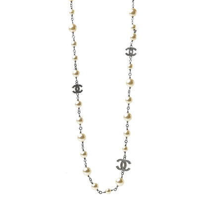 Chanel Crystal Pearl CC Long Necklace Silver 1 of 4
