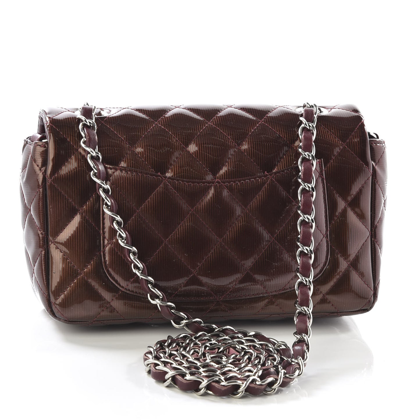 Striated Patent Quilted Mini Rectangular Flap Burgundy