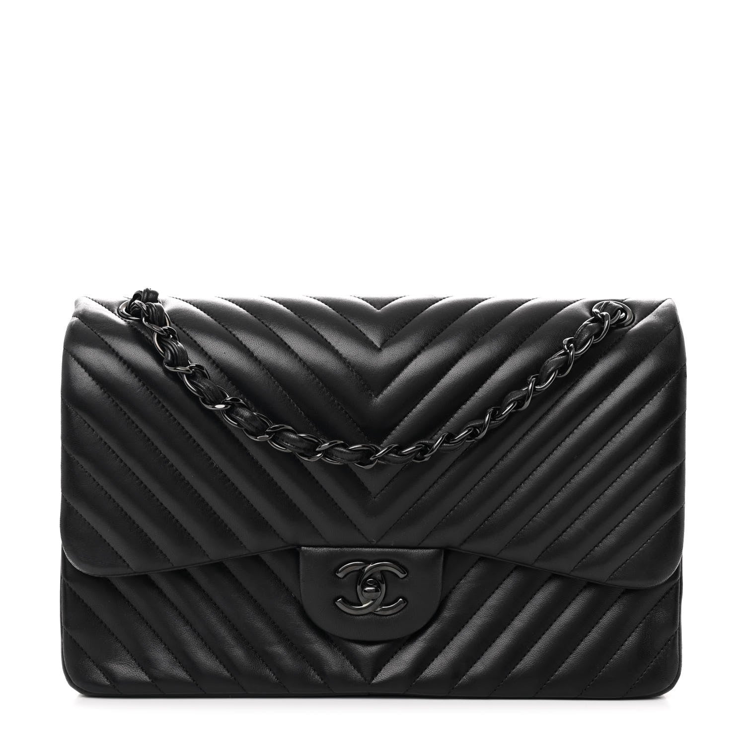 Chanel Lambskin Chevron Quilted Jumbo Double Flap So Black 1 of 14