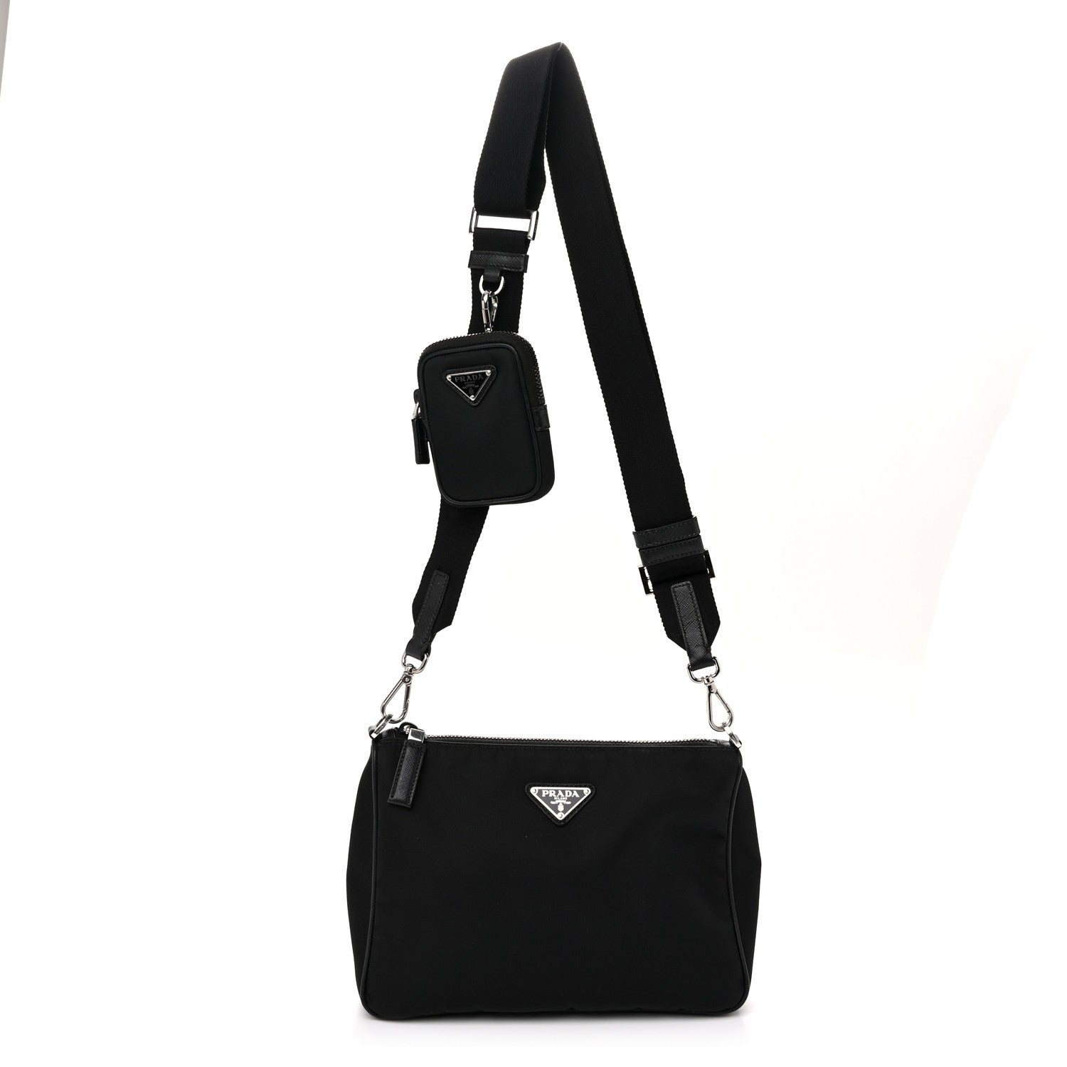 Prada Tessuto Nylon Saffiano Pocket Zippered Shoulder Bag Black 1 of 11
