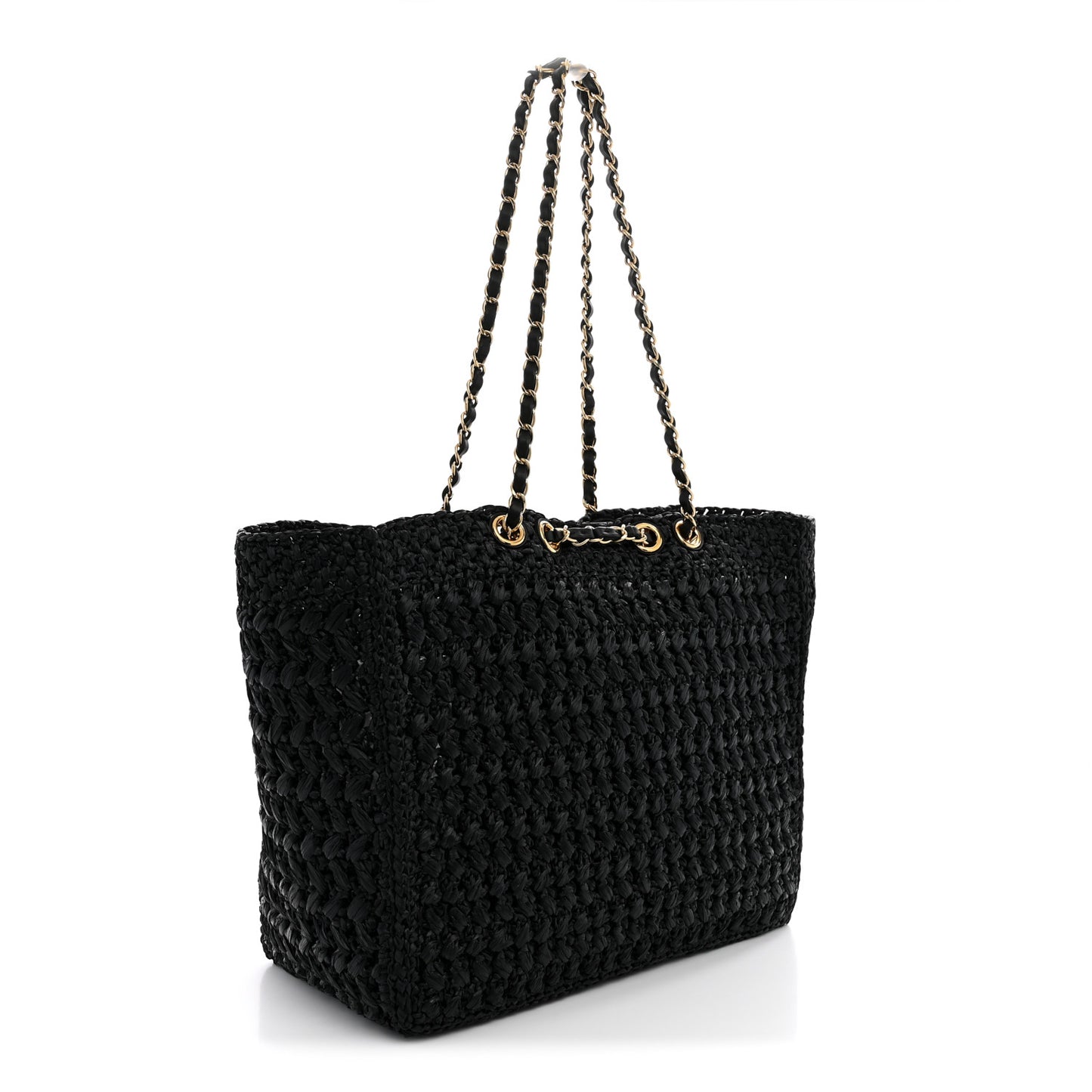 Raffia Effect Calfskin Coco Beach Shopping Tote Black