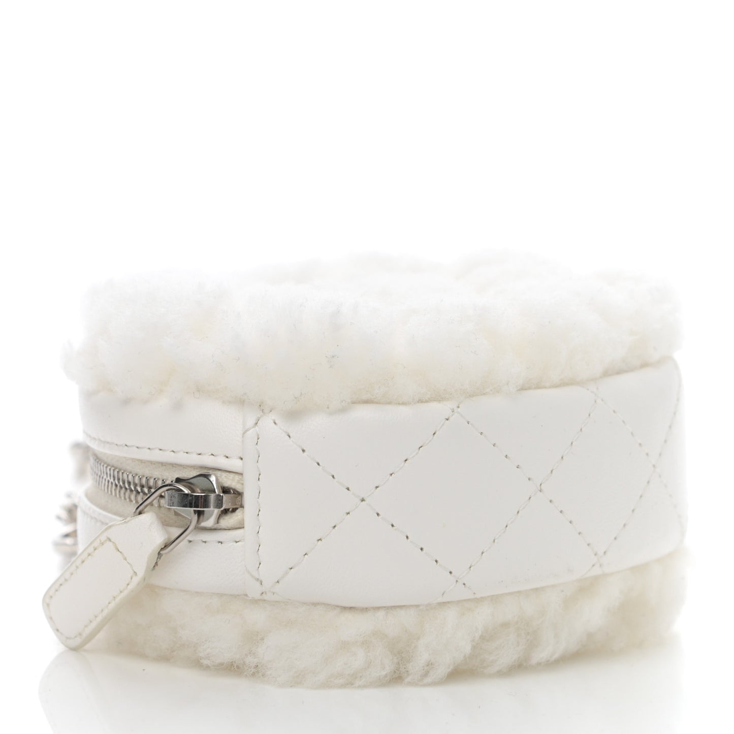 Shearling Sheepskin Lambskin Quilted Round Clutch With Chain White