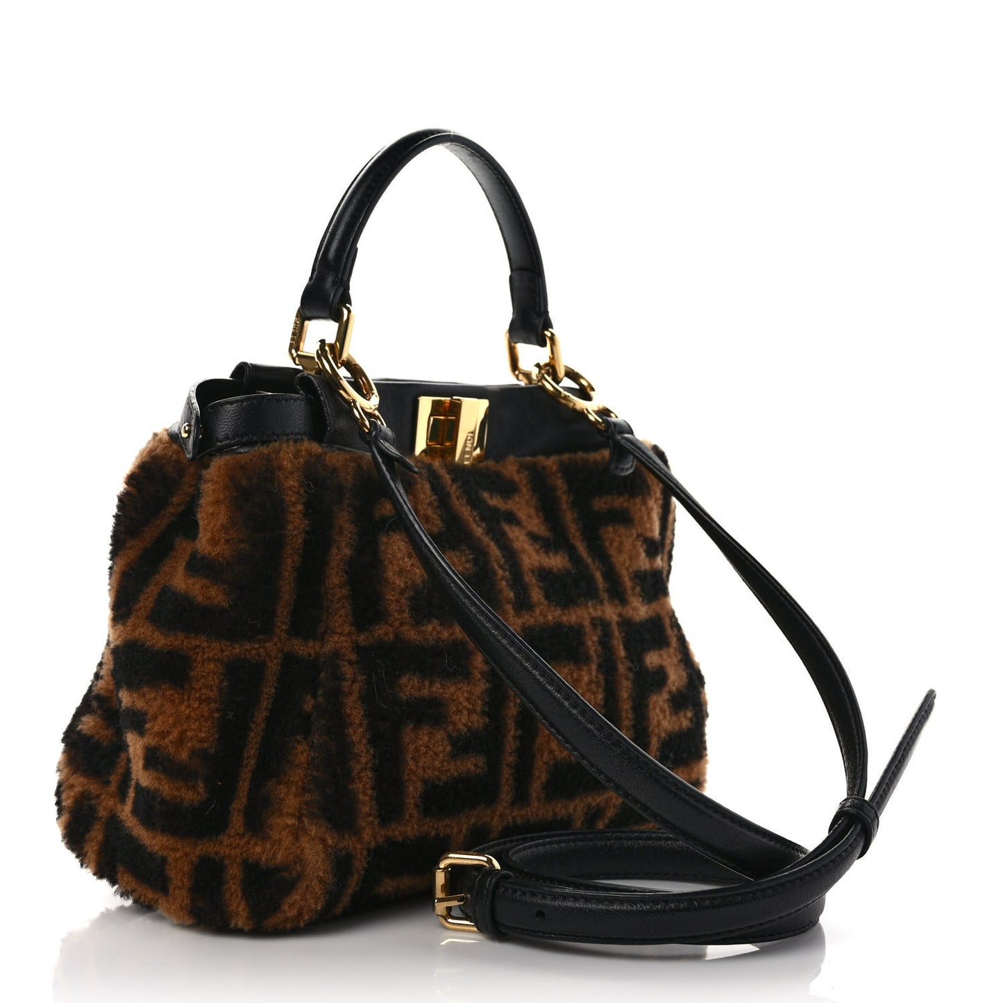 Shearling Nappa Macro FF 1974 Mini Peekaboo Iconic Satchel Tobacco Black