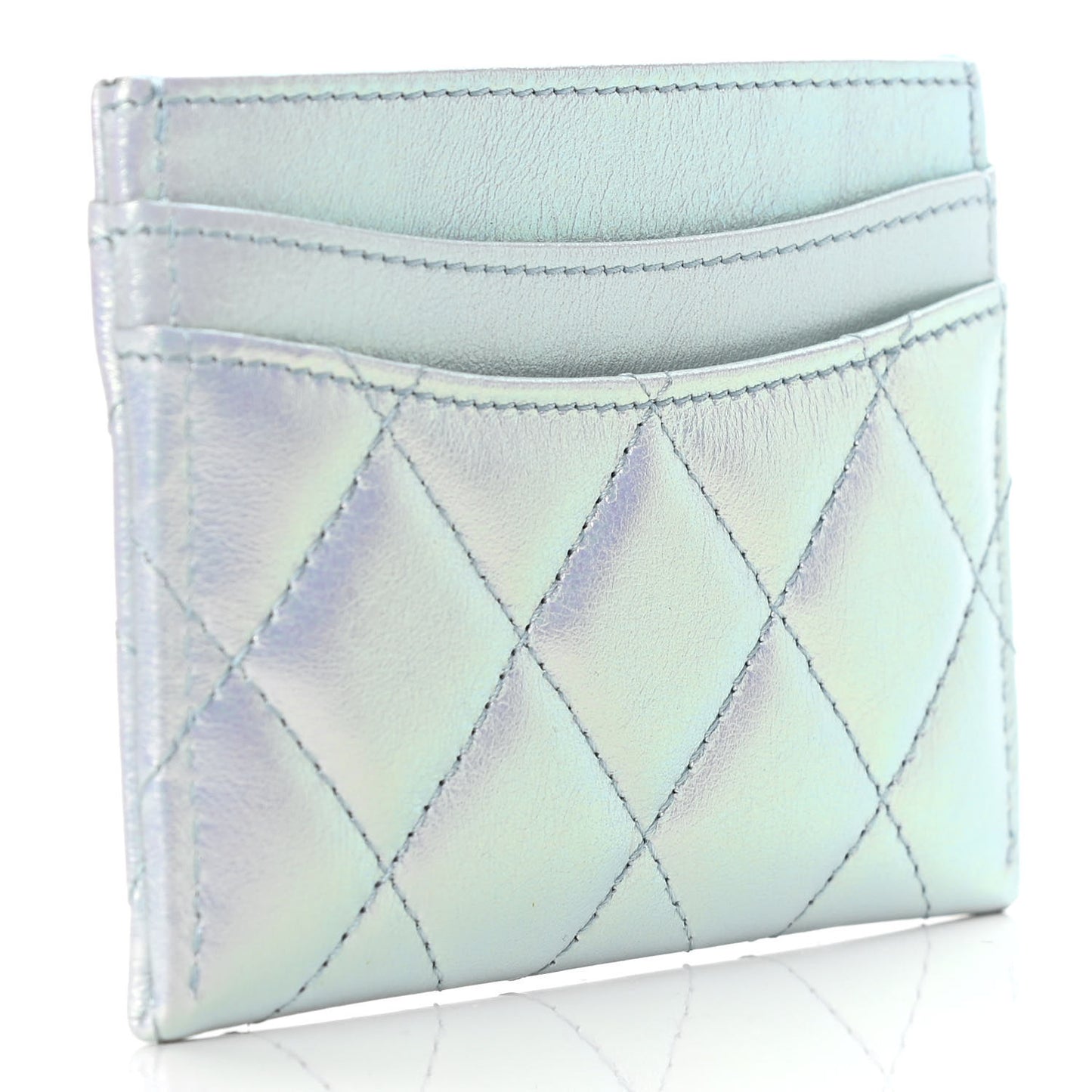 Iridescent Lambskin Quilted Card Holder Light Blue