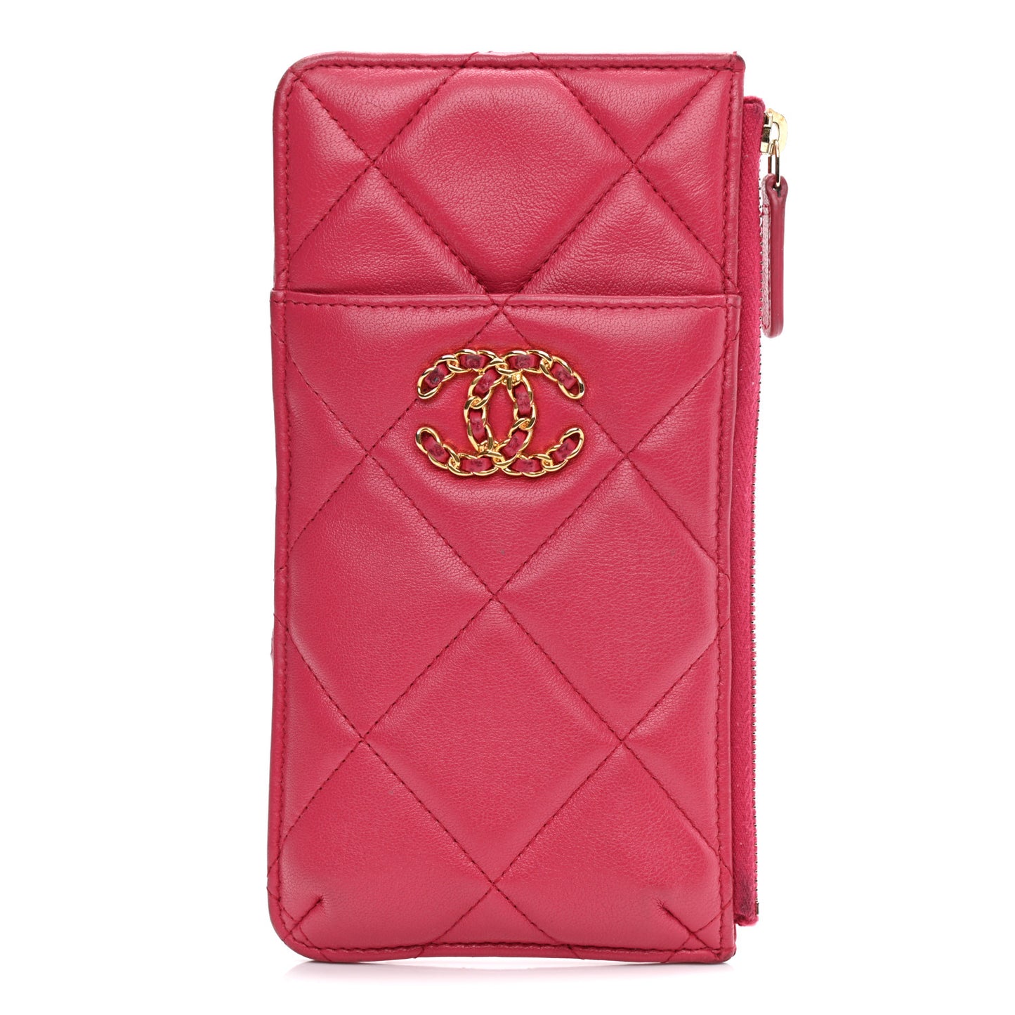 Shiny Goatskin Quilted Chanel 19 Phone and Card Holder Dark Pink