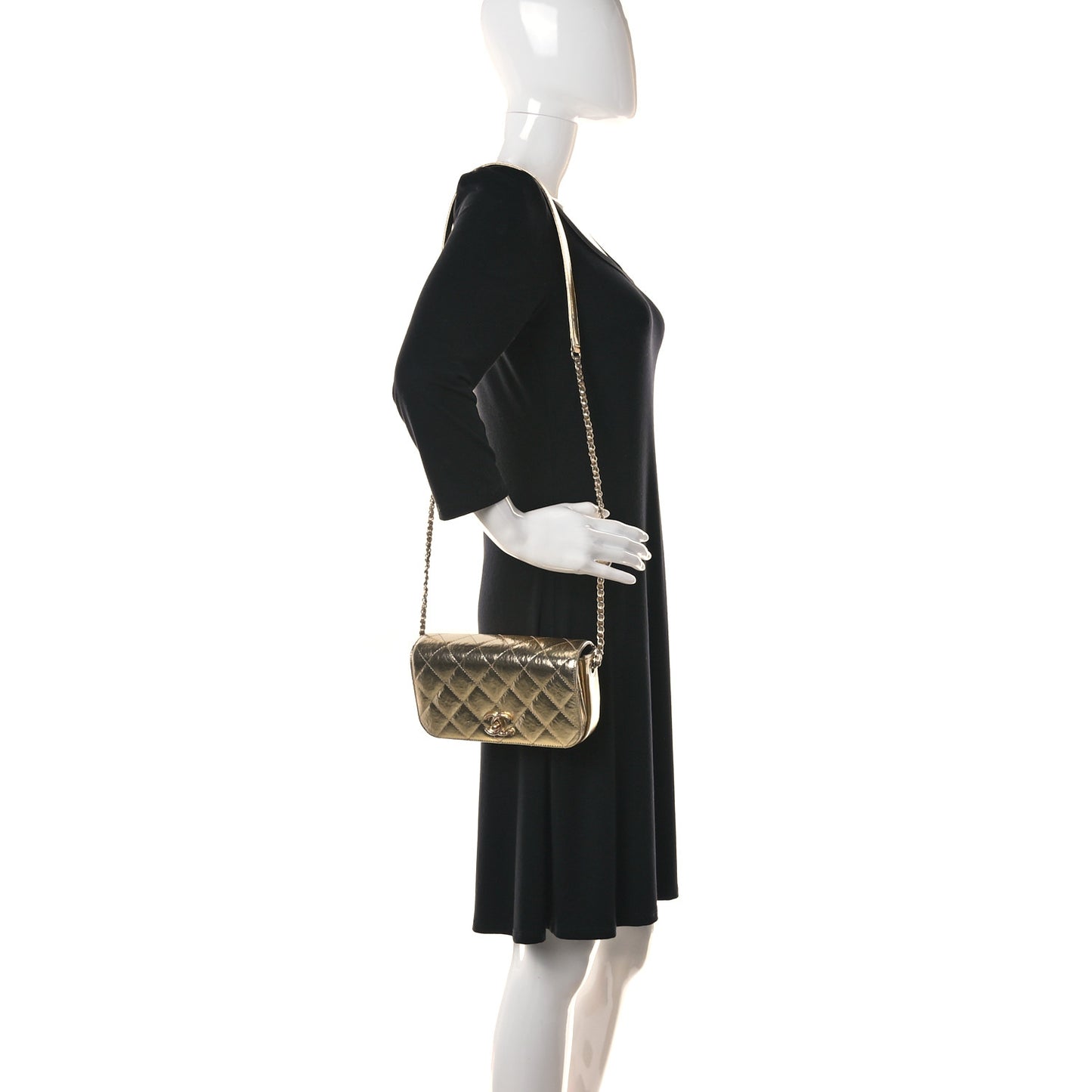 Hammered Metallic Calfskin Quilted Flap Gold