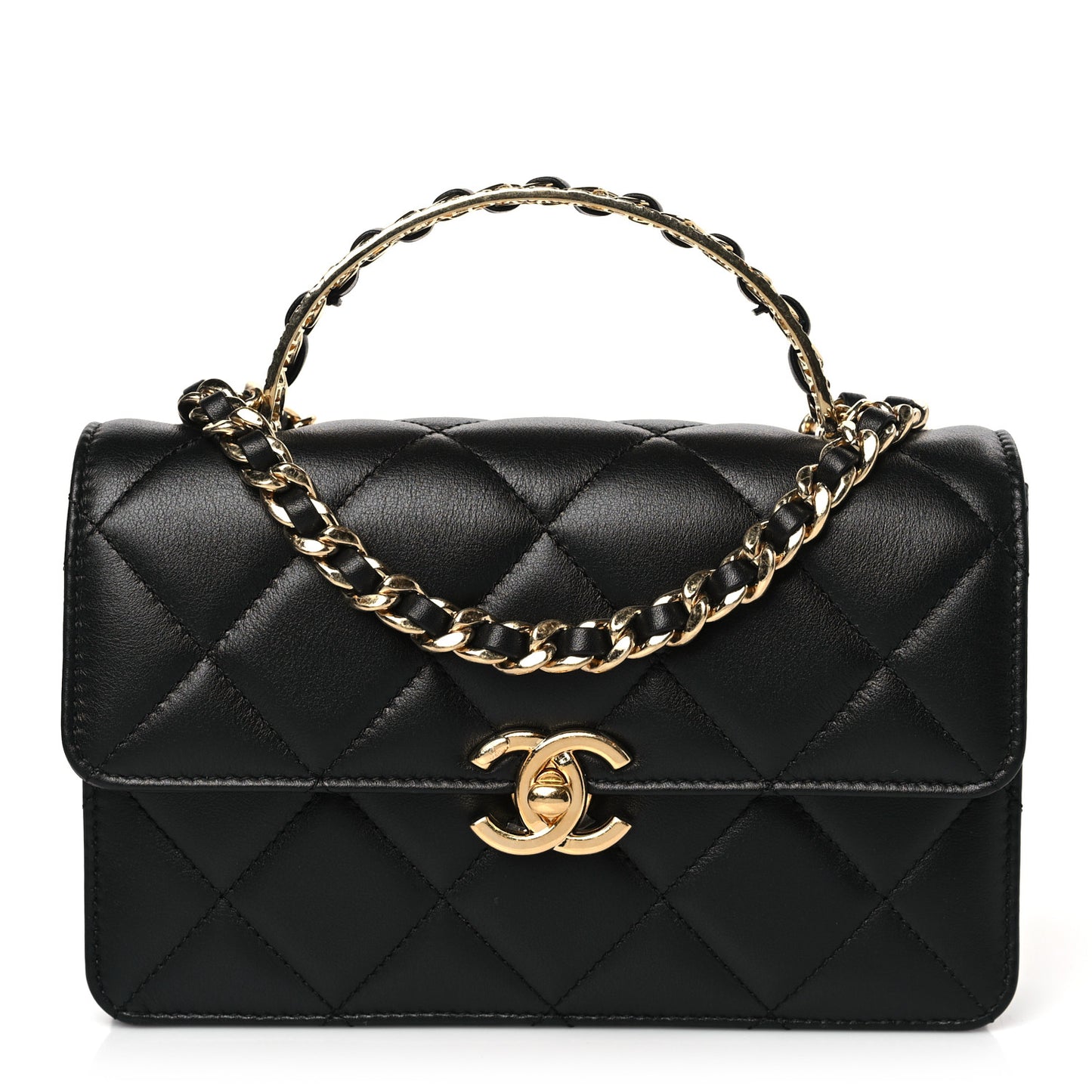 Shiny Calfskin Quilted Mini Metal Top Handle Flap Black