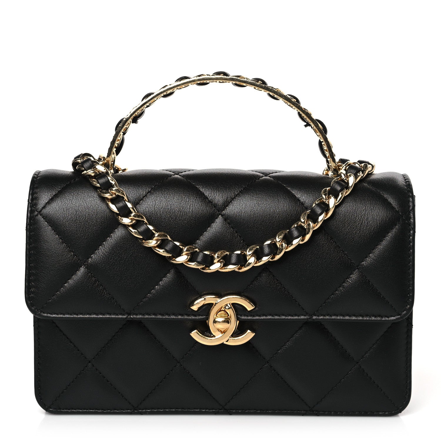 Chanel Shiny Calfskin Quilted Mini Metal Top Handle Flap Black 1 of 8