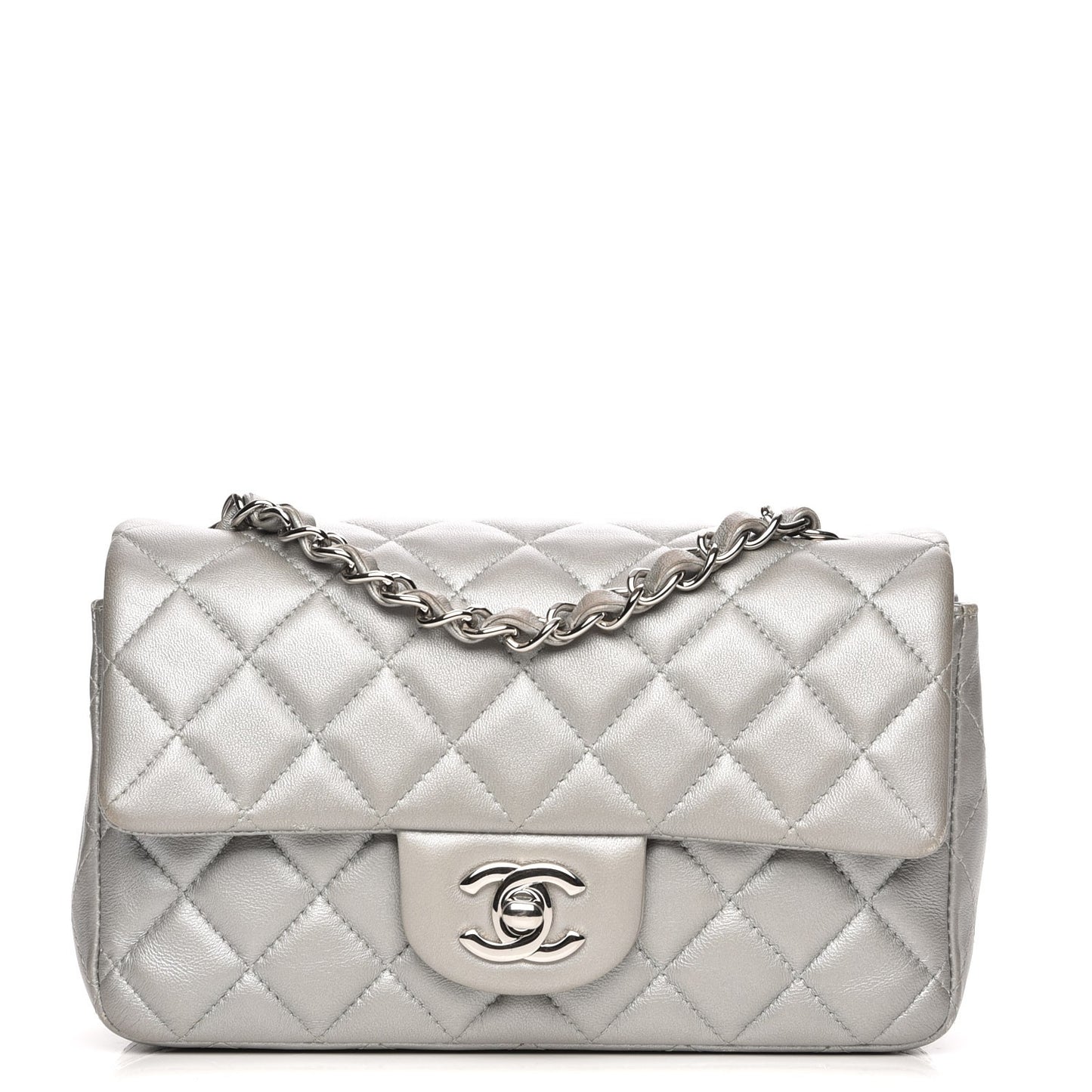 Metallic Lambskin Quilted Mini Rectangular Flap Silver