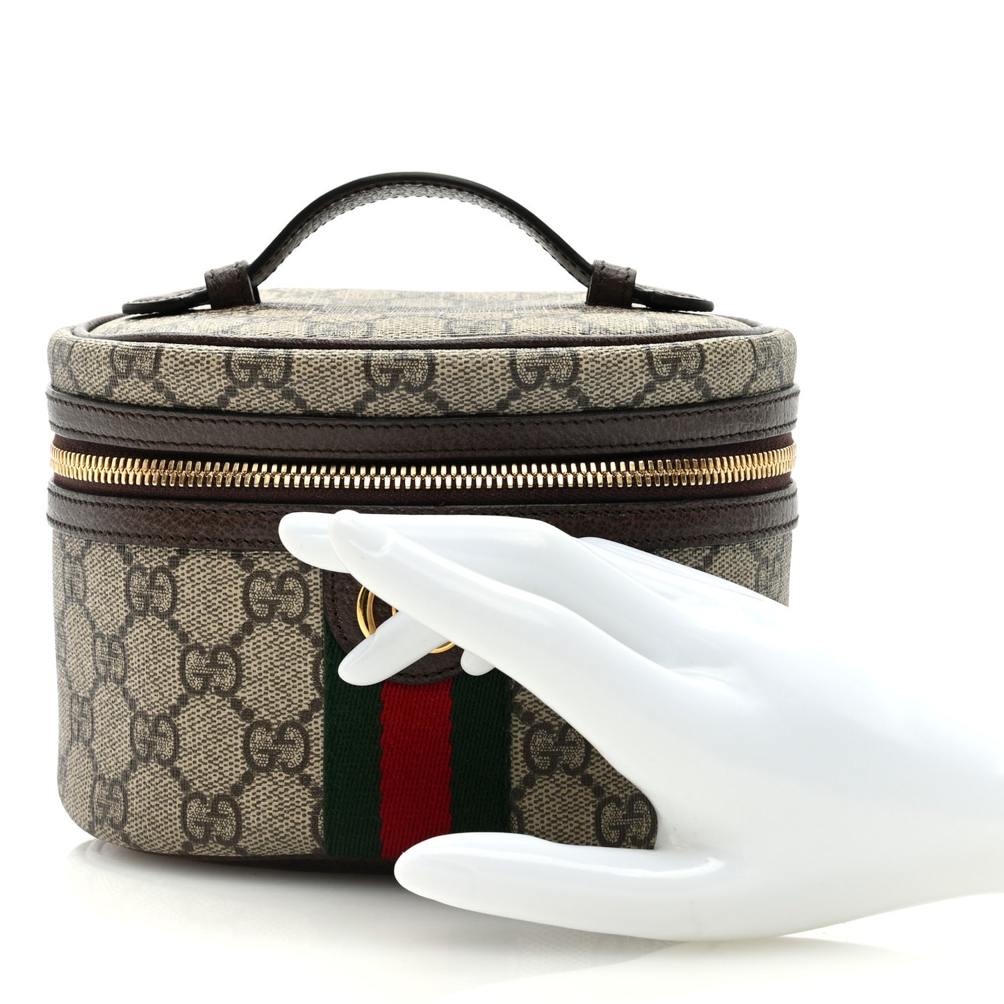 GG Supreme Monogram Textured Calfskin Web Ophidia Vanity Cosmetic Case Beige Ebony New Acero