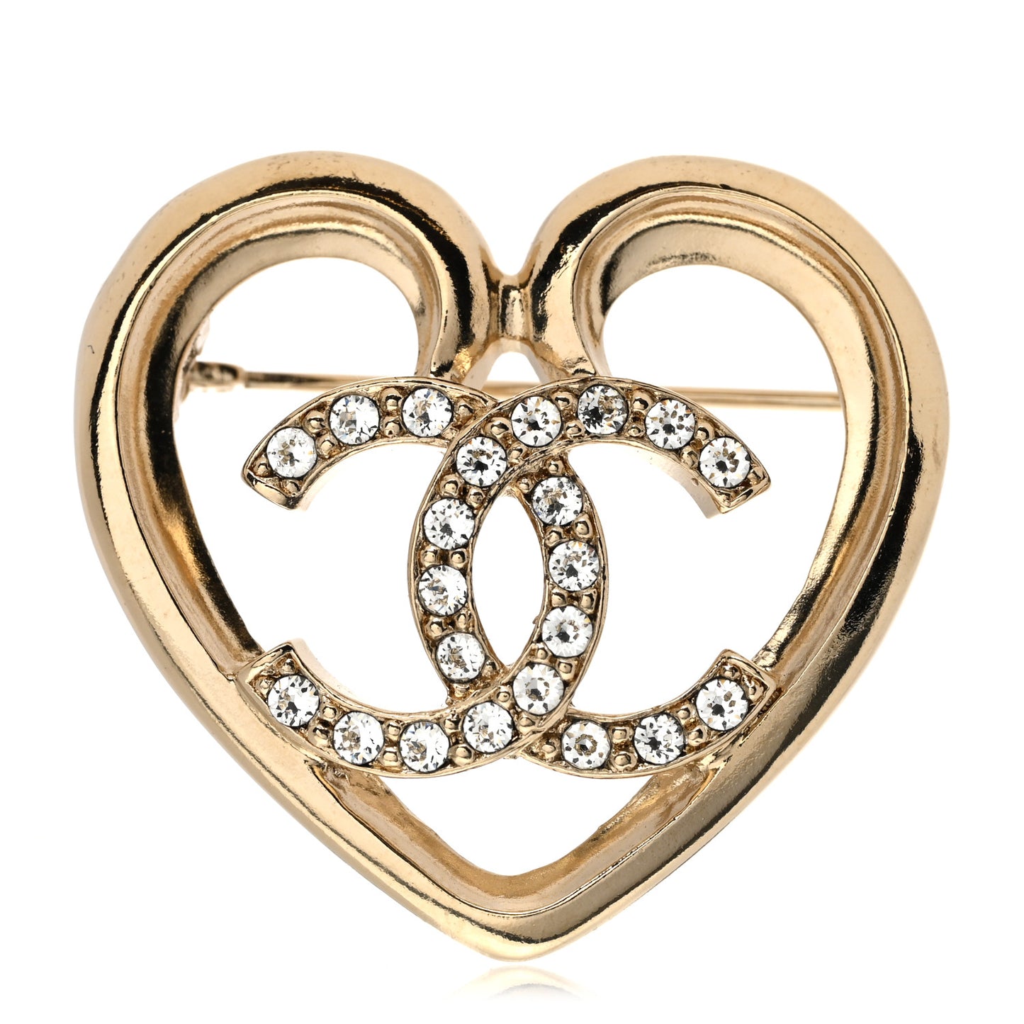 Metal Crystal CC Logo Heart Brooch Gold