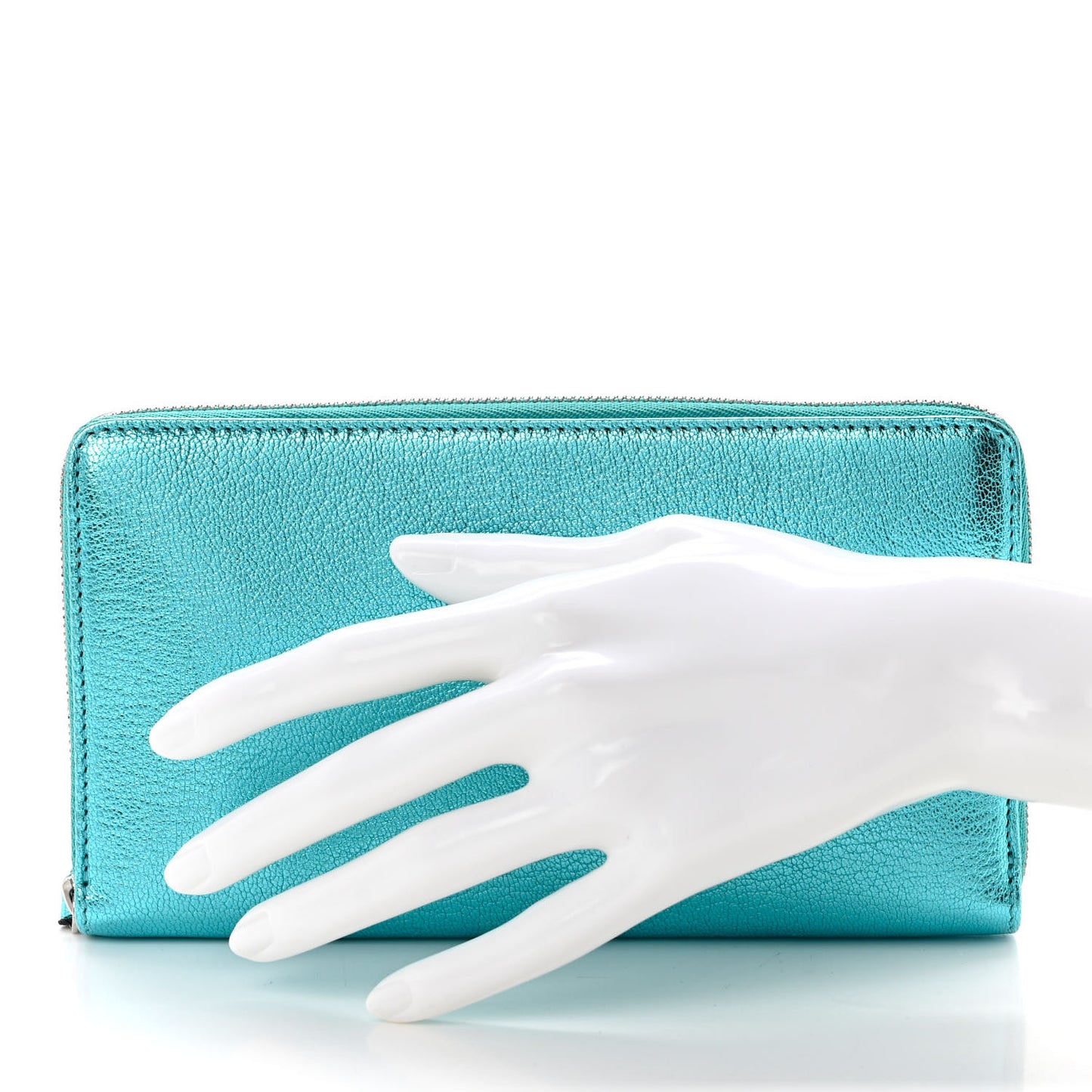 Metallic Goatskin Logo Everyday Continental Zip Around Wallet Turquoise Black
