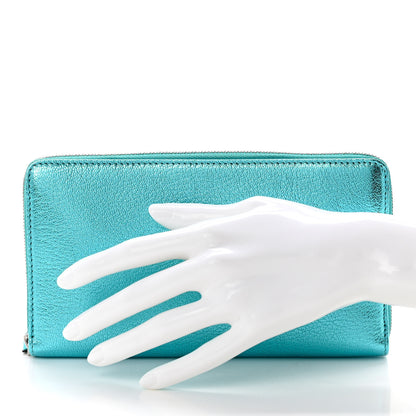 Balenciaga Metallic Goatskin Logo Everyday Continental Zip Around Wallet Turquoise Black 2 of 8