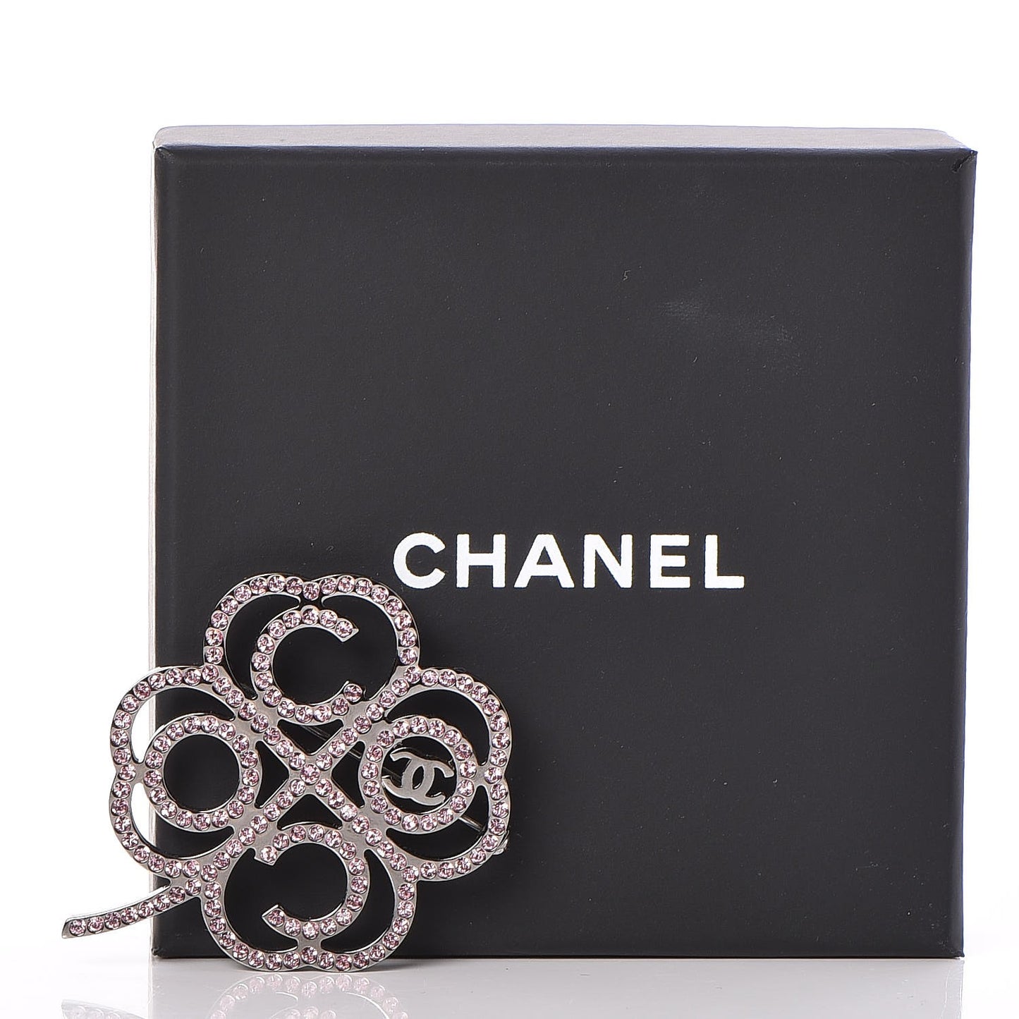 Metal Strass Clover CC Brooch Pink Ruthenium