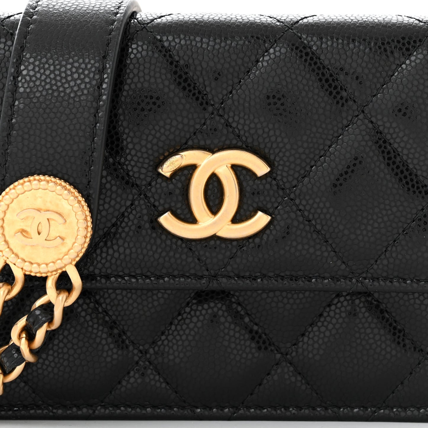 Caviar Quilted Twist Your Buttons Coin Purse With Chain Black