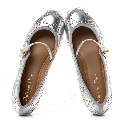 Christian Dior Metallic Lambskin Cannage Pearl Ballet Flats 38.5 Steel 2 of 9