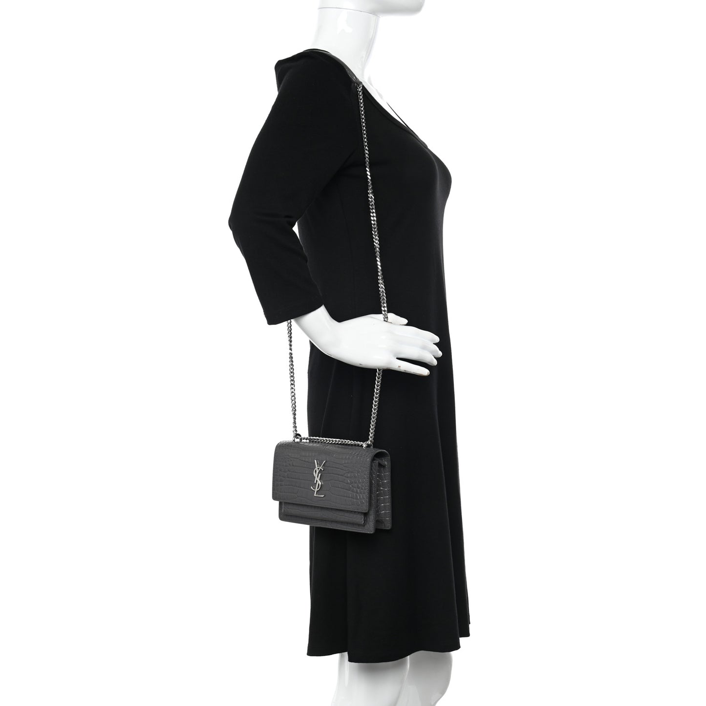 Calfskin Crocodile Embossed Monogram Sunset Chain Wallet Graphite