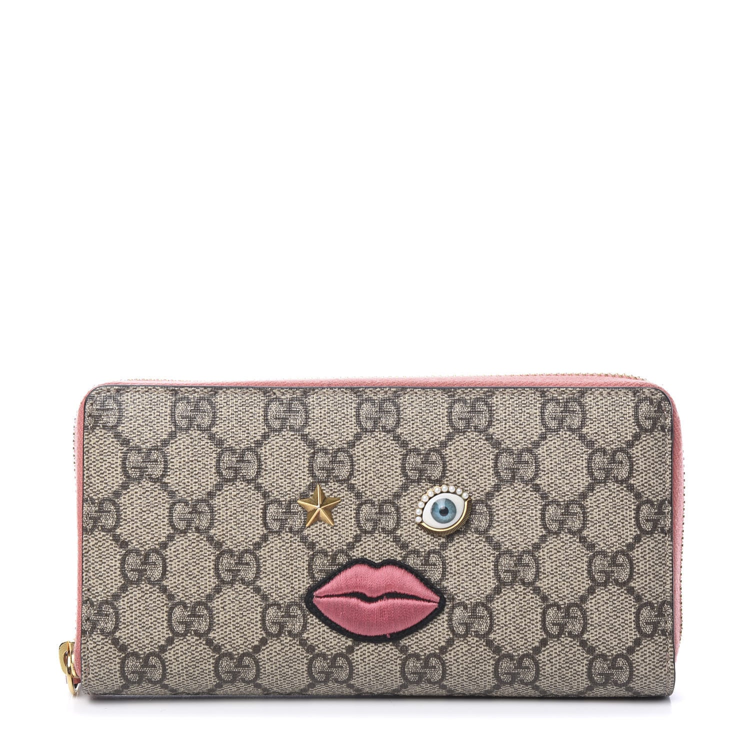Gucci GG Supreme Monogram Embroidered Face Zip Around Wallet Pink 1 of 7