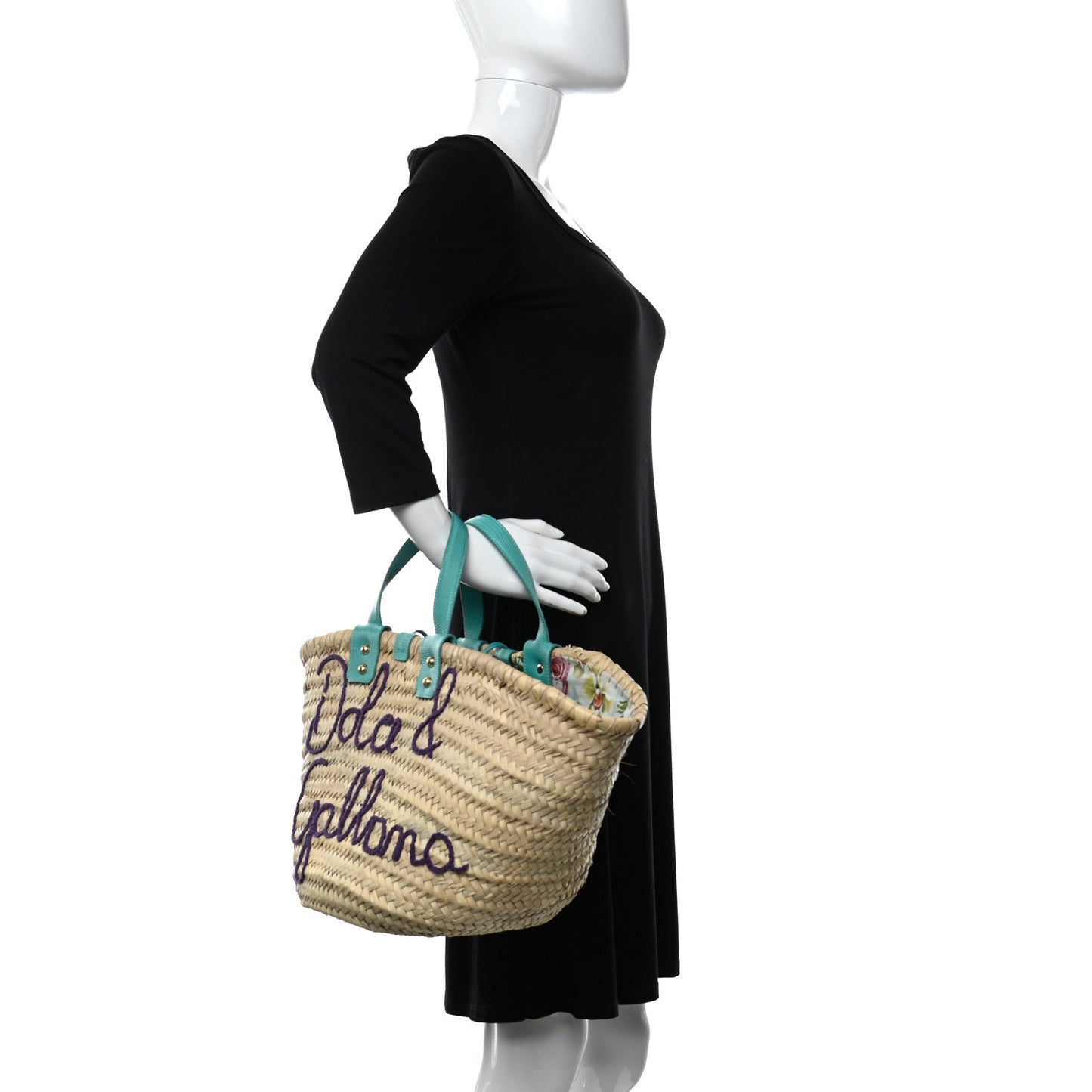Woven Raffia Calfskin Lizard Embossed Crystal Embellished Kendra Logo Tote Blue Multicolor