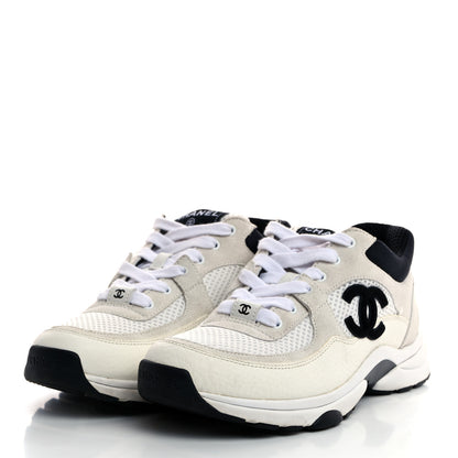 Chanel Mesh Suede Calfskin Grained Calfskin Womens CC Sneakers 37 White Black 3 of 9