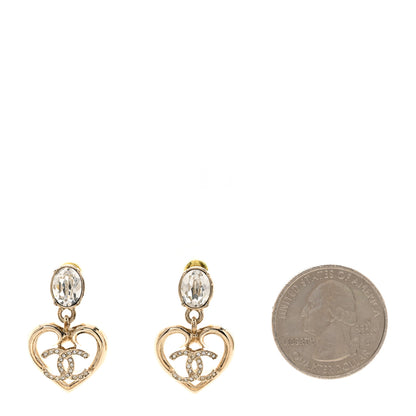 Chanel Metal Crystal CC Heart Drop Earrings Gold 2 of 5