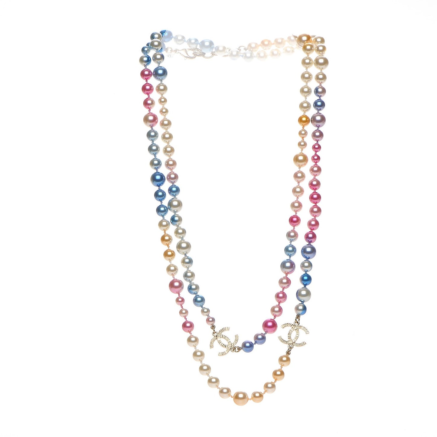 Beaded Pearl CC Long Strand Necklace Gold Multicolor