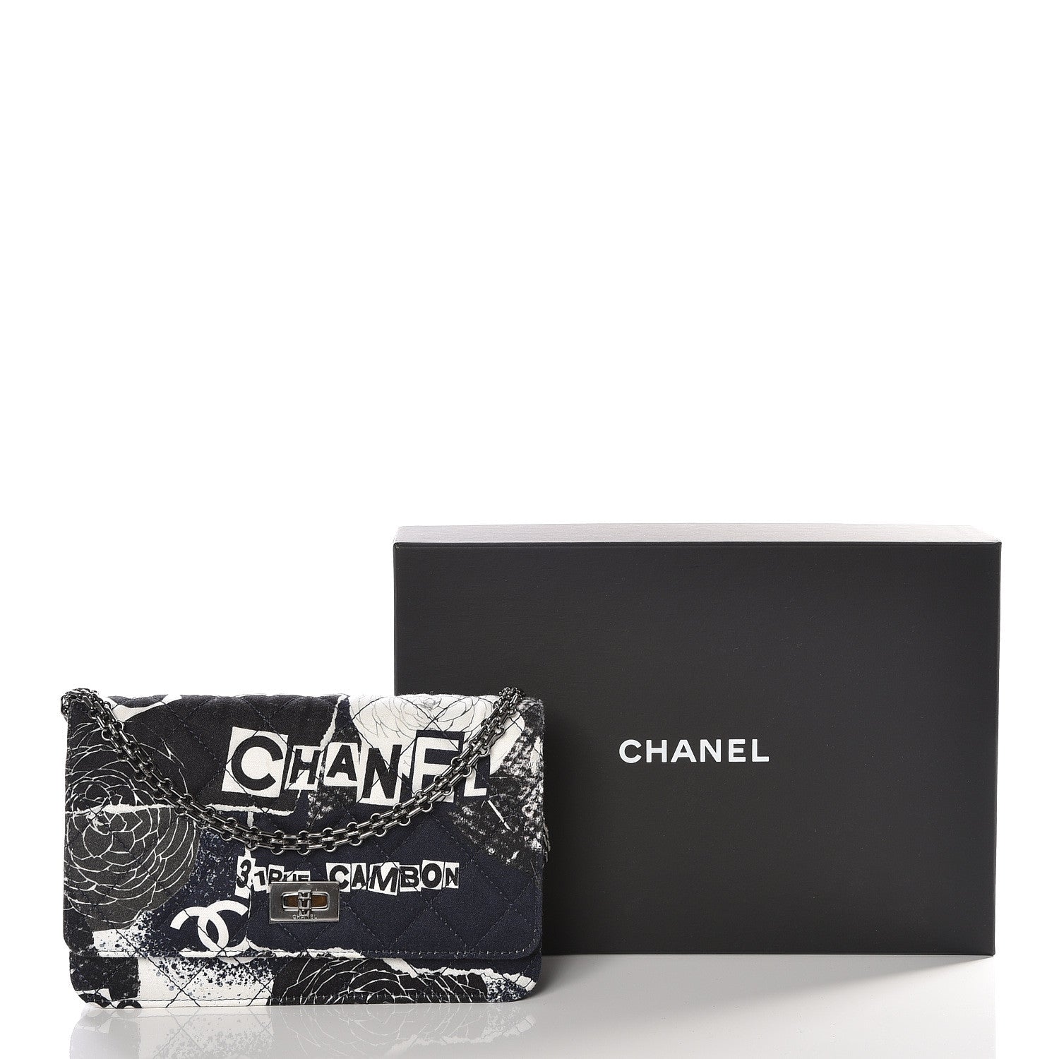 Chanel Canvas Printed Quilted 2.55 Reissue Wallet On Chain WOC White Black Navy Blue 14 of 14