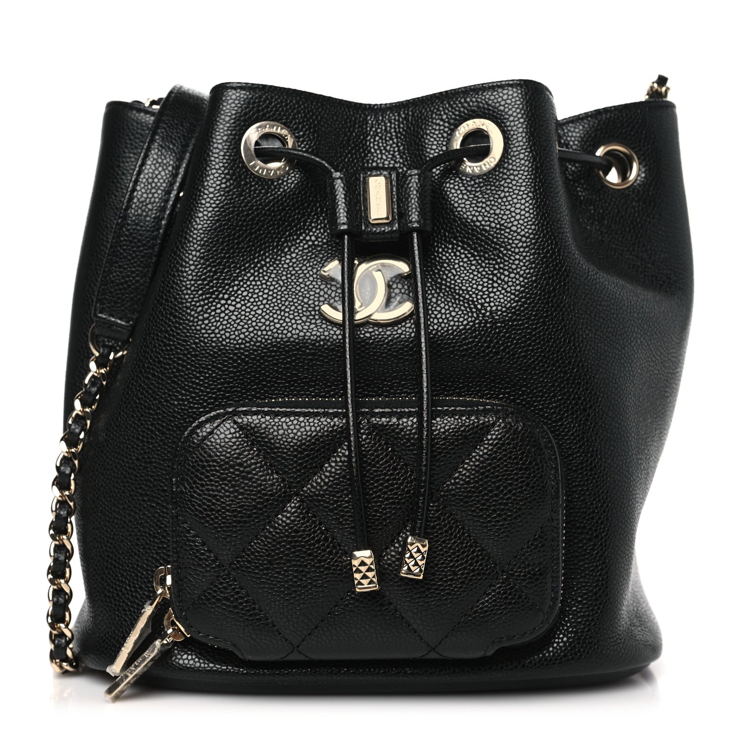 Caviar Quilted CC Pocket Bucket Bag Black