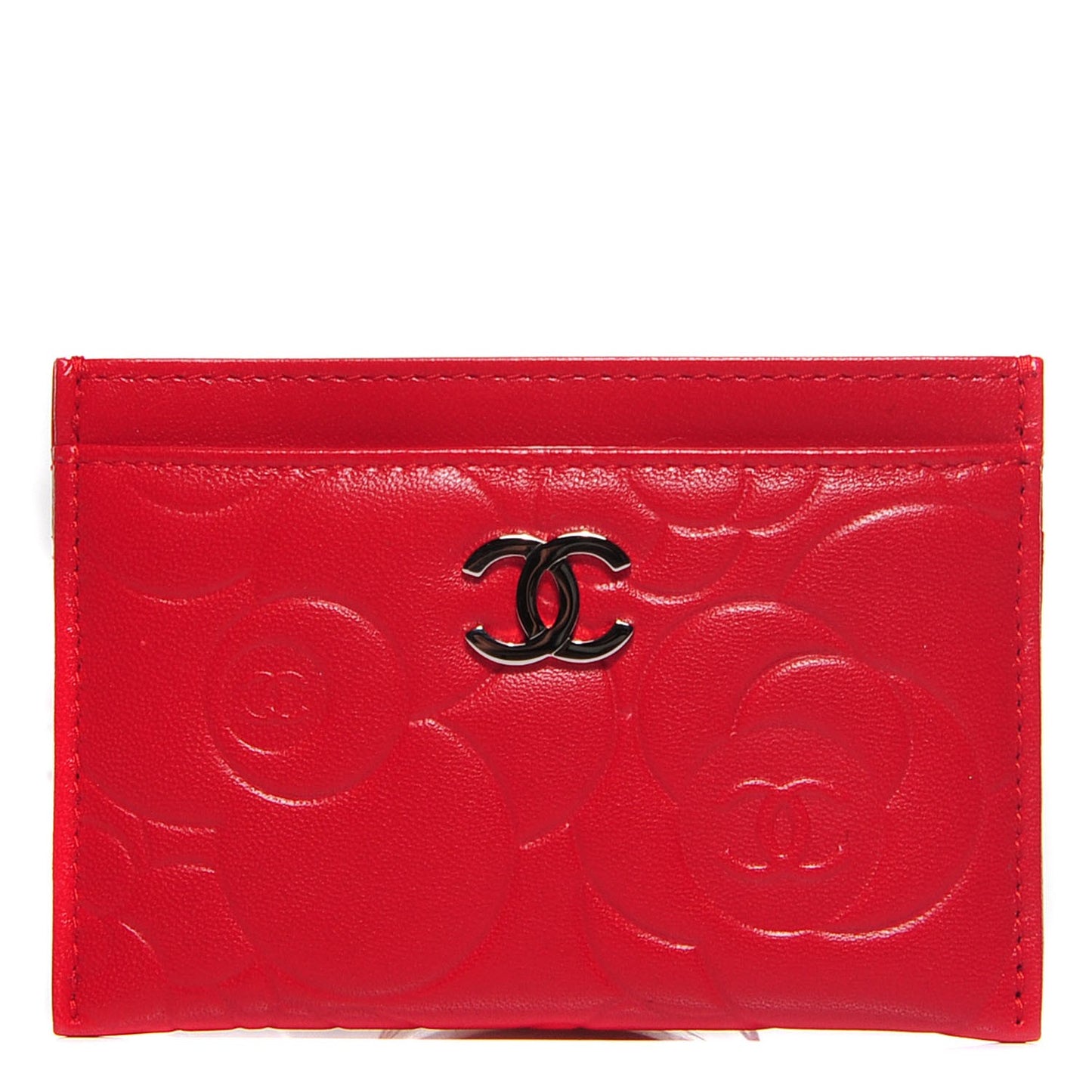 Lambskin Camellia Embossed Card Holder Red
