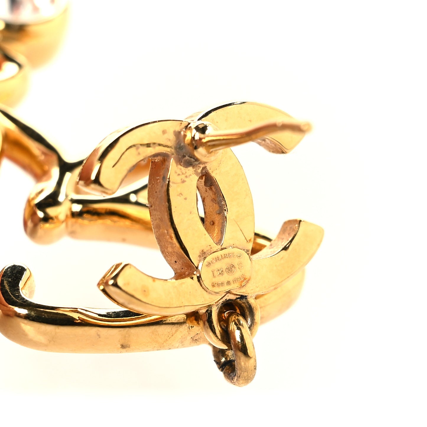 Metal Crystal Coco Script CC Drop Earrings Gold