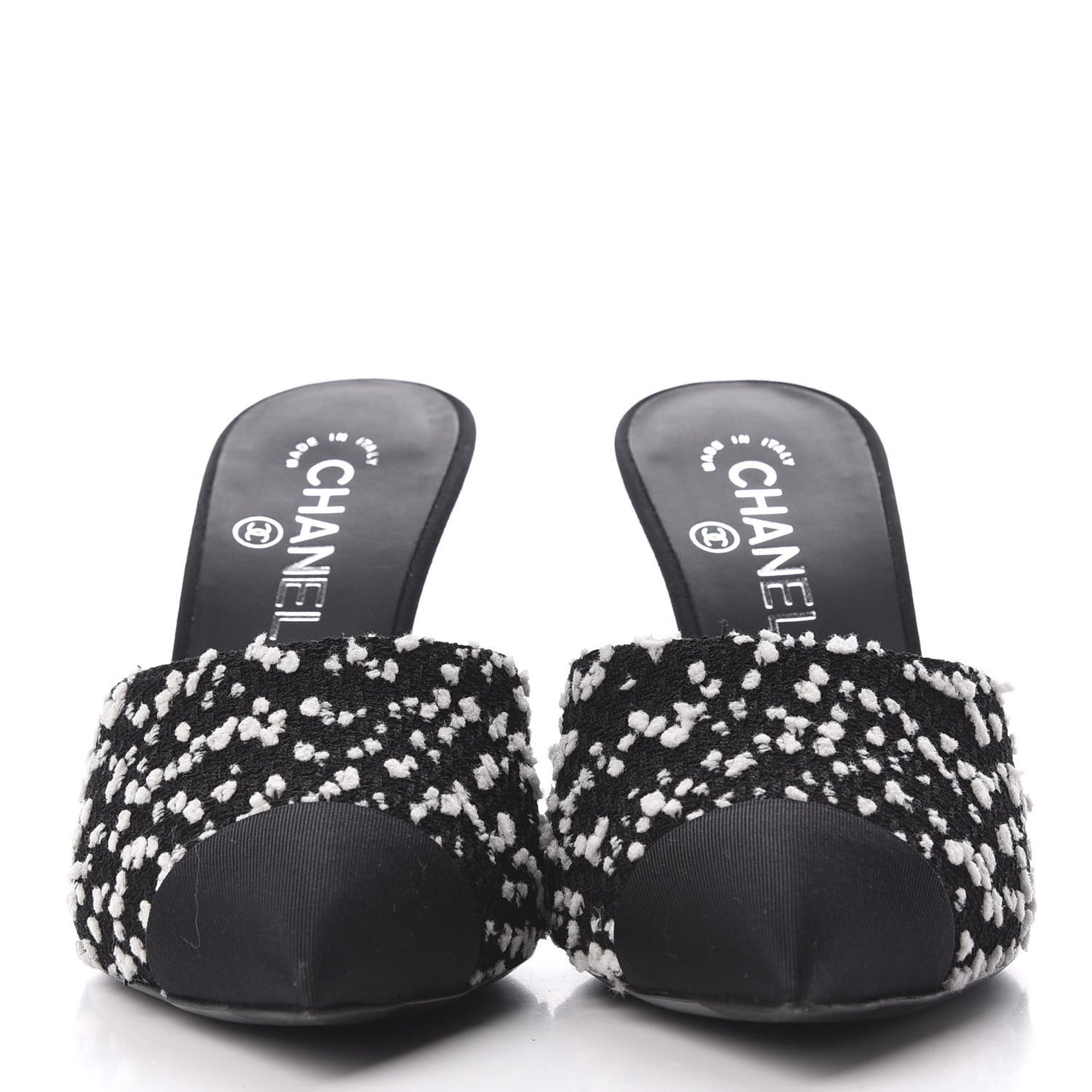 Tweed Grosgrain Pearl Mules 38.5 Black White
