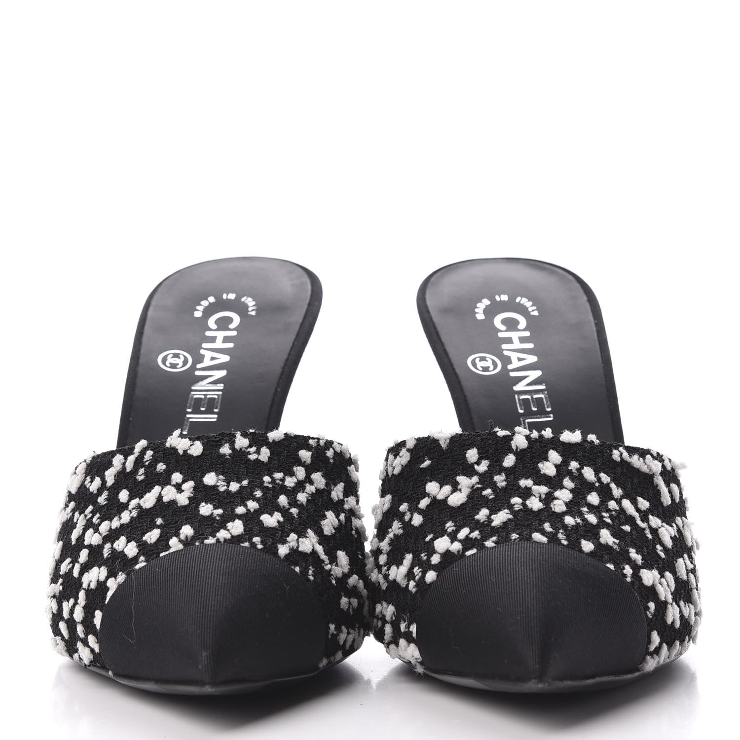 Chanel Tweed Grosgrain Pearl Mules 38.5 Black White 3 of 9
