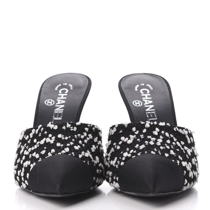 Chanel Tweed Grosgrain Pearl Mules 38.5 Black White 3 of 9