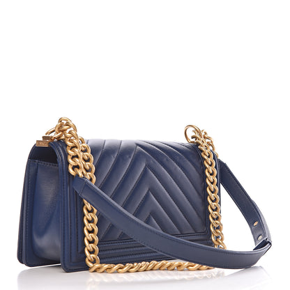 Chanel Calfskin Chevron Medium Boy Flap Dark Navy Blue 4 of 15