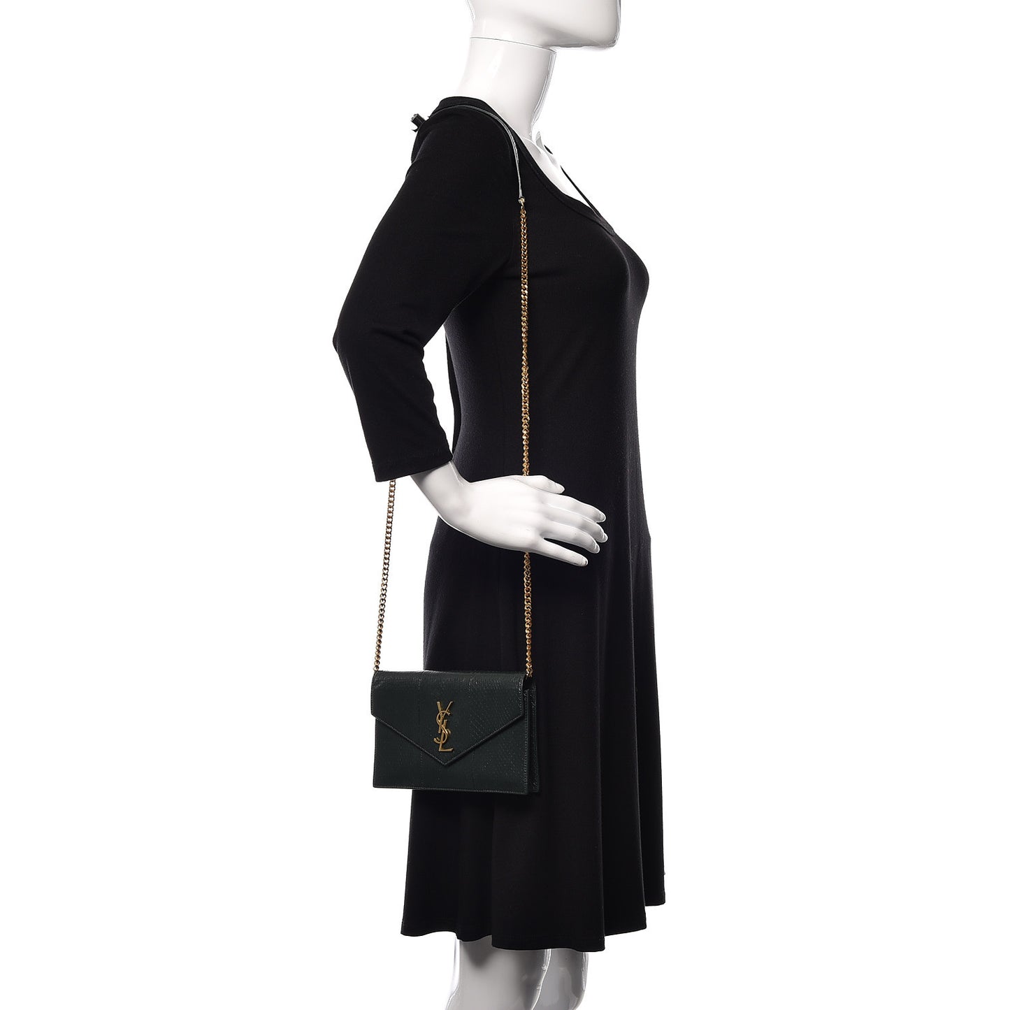 Snakeskin Monogram Envelope Chain Wallet Dark Green