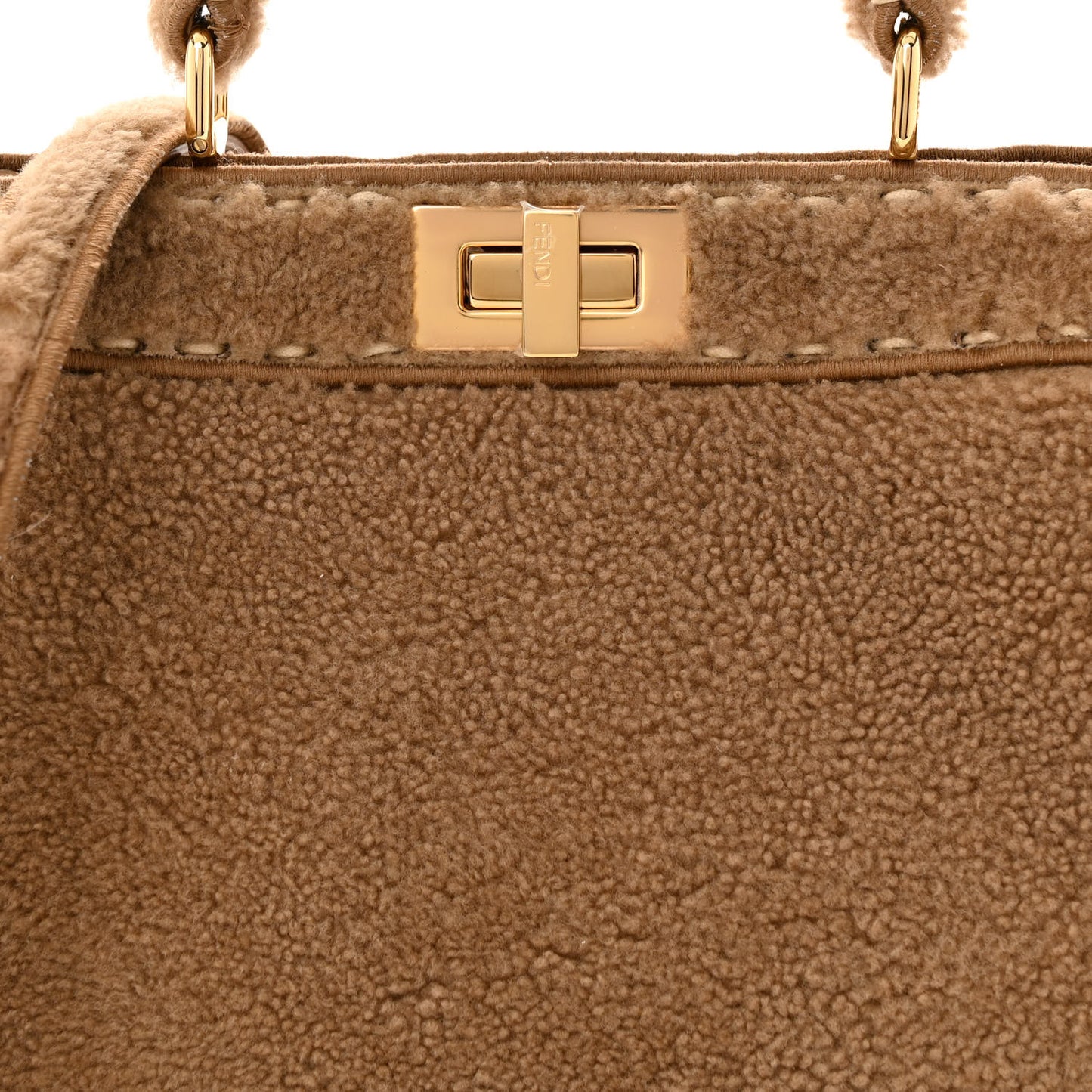 Curly Shearling Shiny Nappa Small Peekaboo I SEE U Satchel Camel