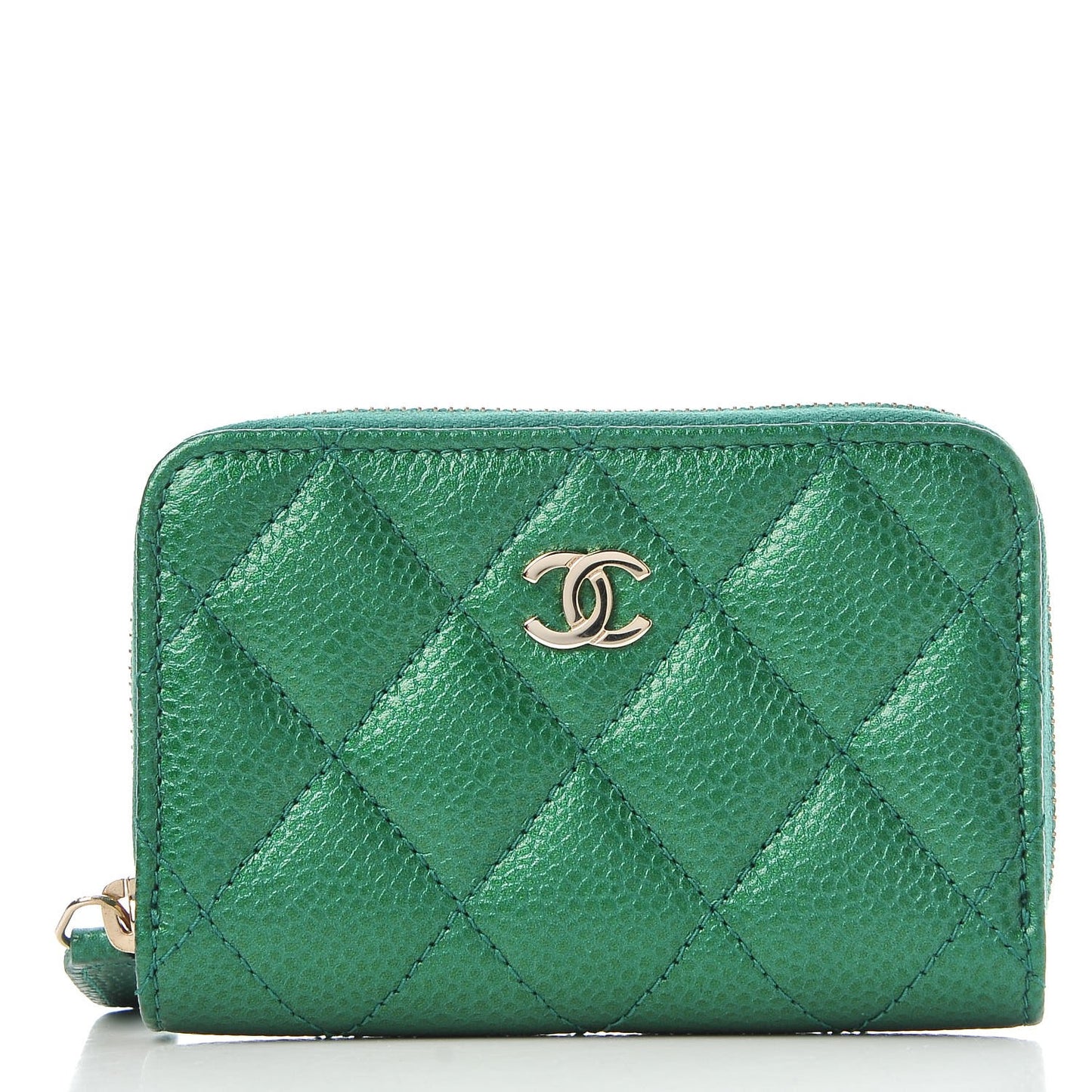 Metallic Caviar Quilted Zip Coin Purse Green