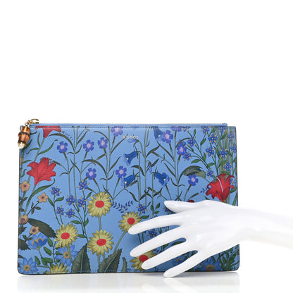 Gucci Calfskin Bamboo New Flora Zip Pouch Azure 2 of 8