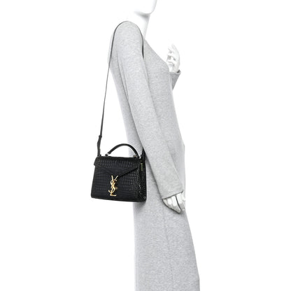 Saint Laurent Calfskin Crocodile Embossed Mini Classic Monogram Cassandra Top Handle Black 2 of 10