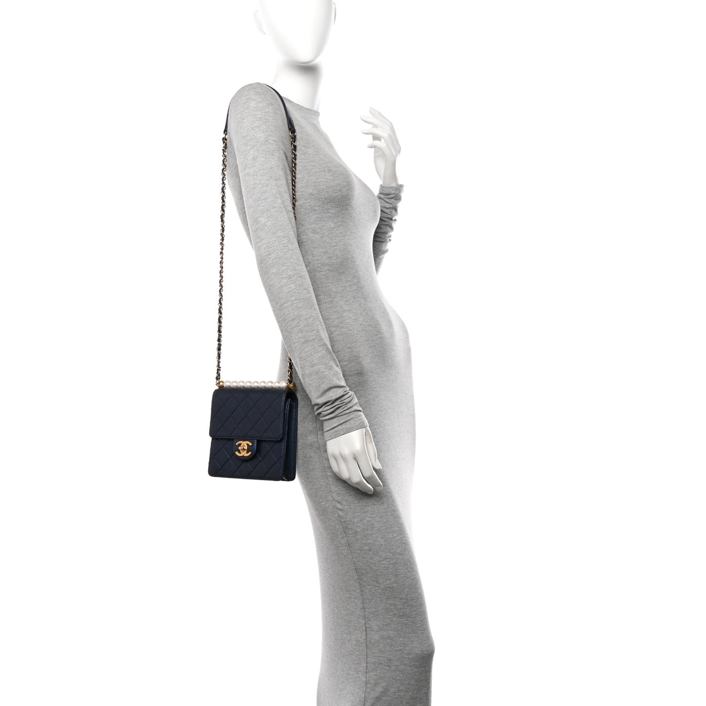 Iridescent Lambskin Quilted Chic Pearls Flap Navy Blue