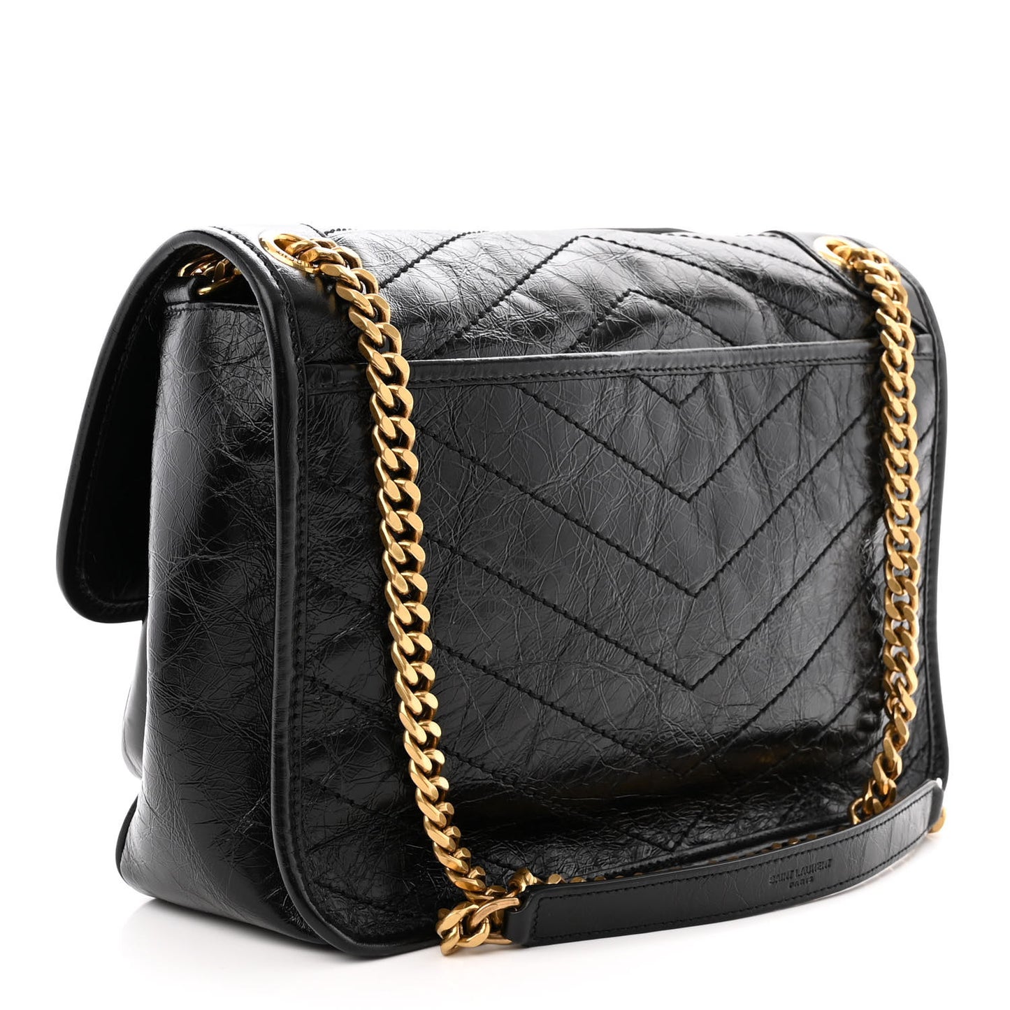 Crinkled Calfskin Matelasse Monogram Medium Niki Chain Satchel Black