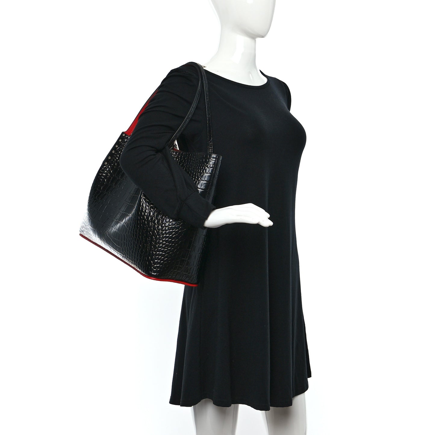 Crocodile Embossed Calfskin Spiked Small Cabarock Shopper Tote Black