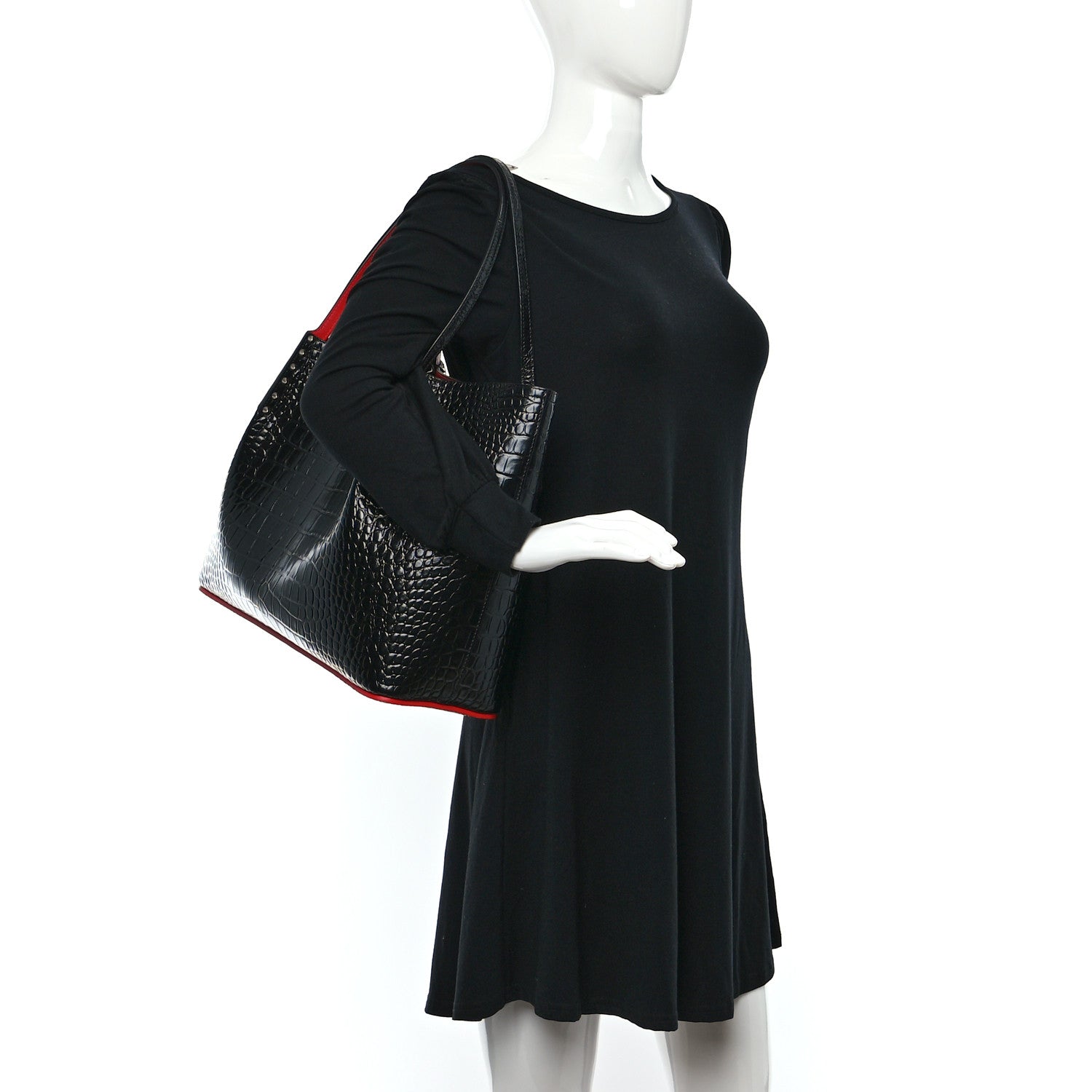 Christian Louboutin Crocodile Embossed Calfskin Spiked Small Cabarock Shopper Tote Black 2 of 8