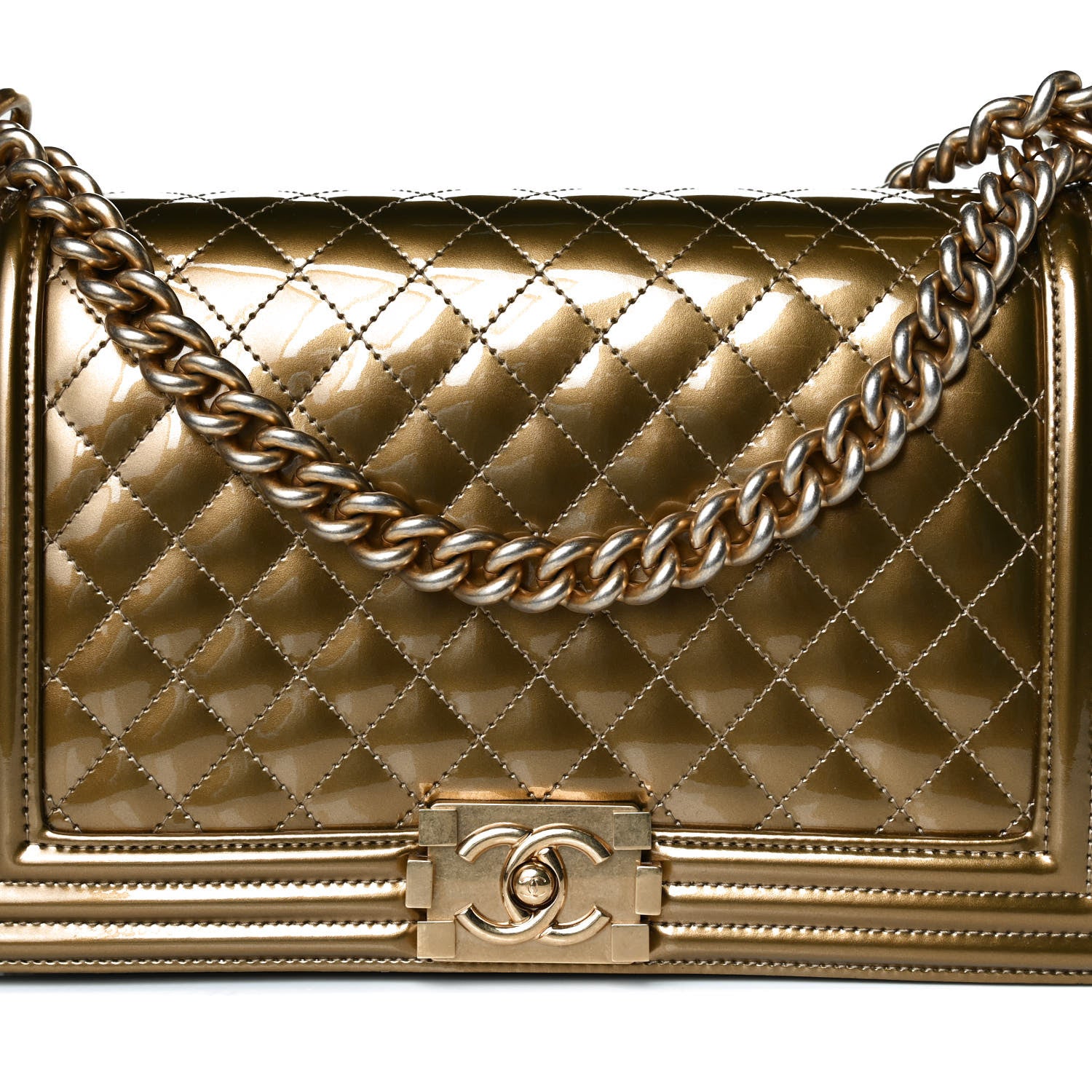 Chanel Metallic Patent Calfskin Quilted New Medium Boy Flap Gold 9 of 15